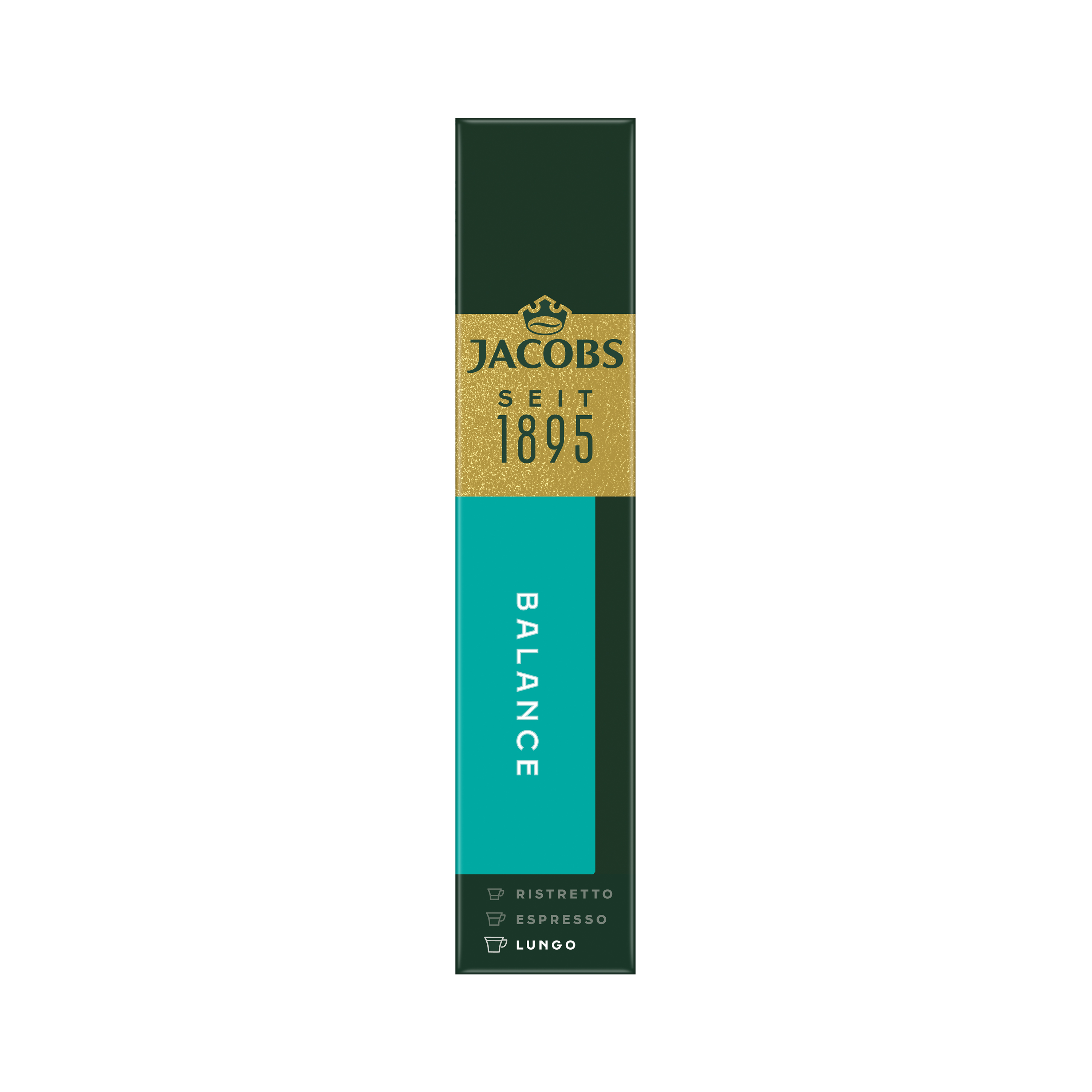 Vertikale Schachtel Jacobs Balance Kaffeekapseln in Dunkelgrün, Gold und Türkis vor weißem Hintergrund.