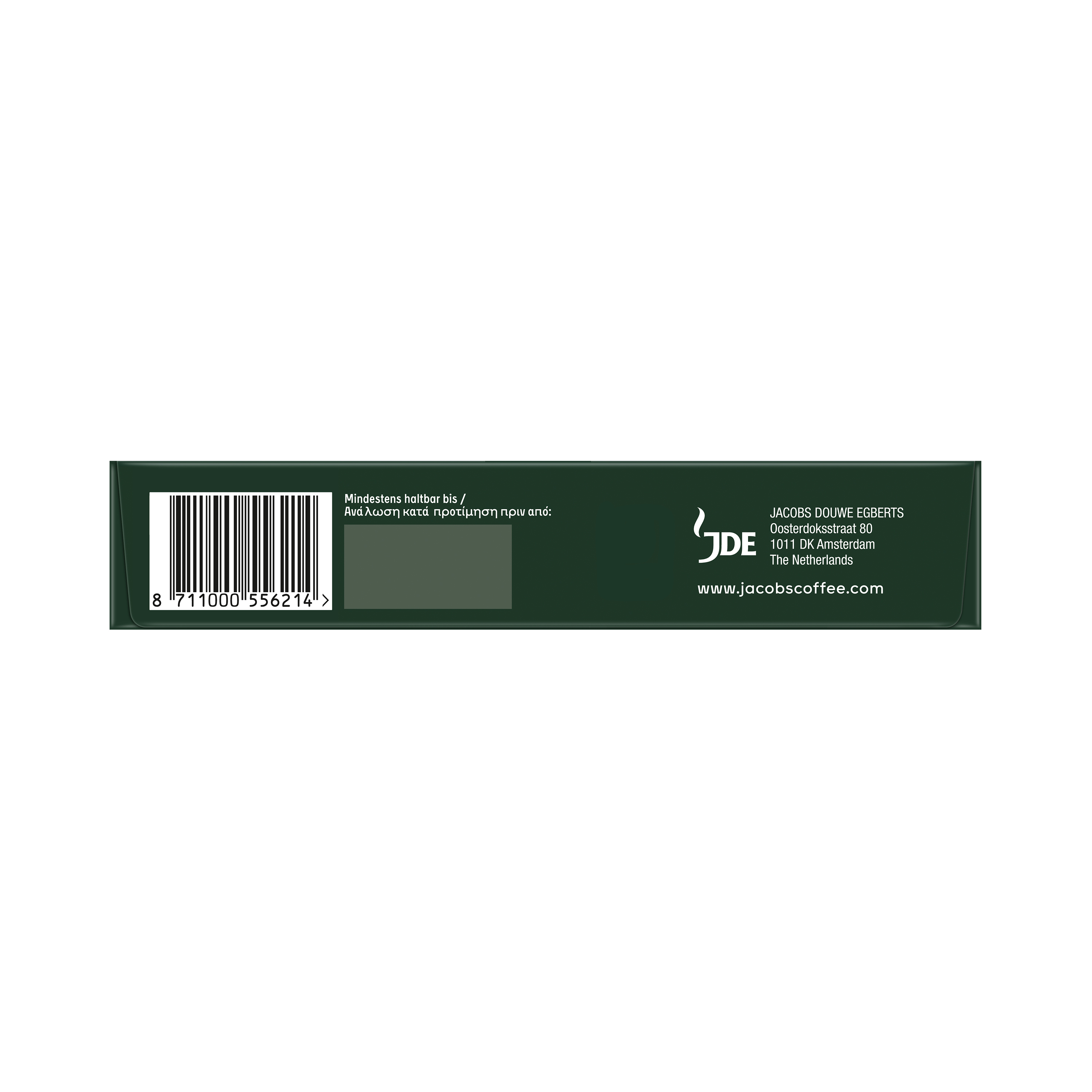 Dunkelgrüne Verpackung mit Strichcode, Text und JDE-Logo.