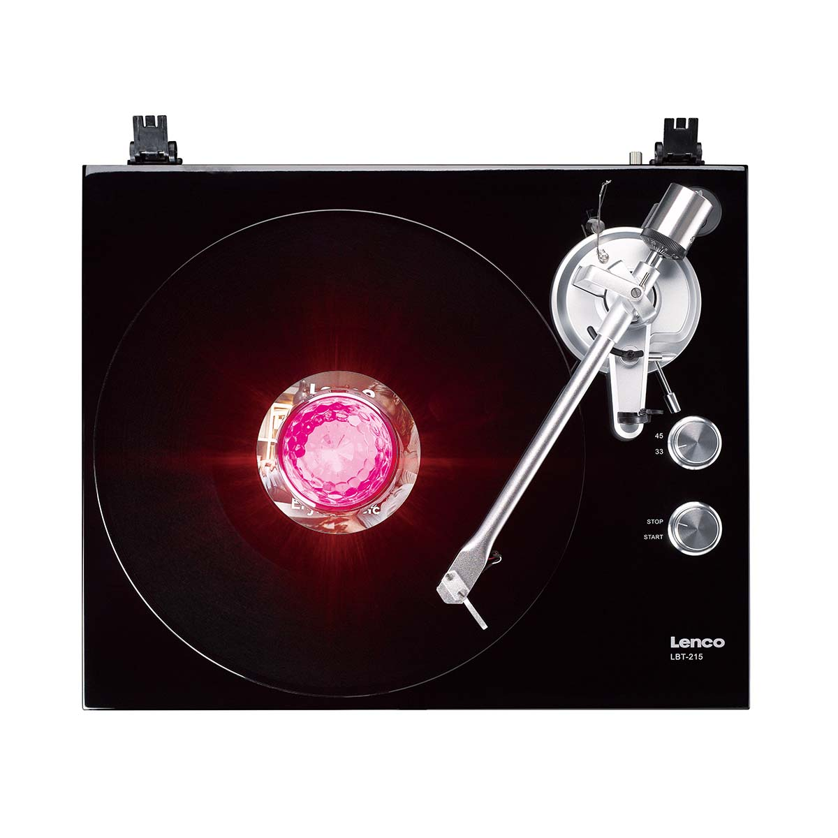 Black Lenco LBT-215 turntable with tone arm and red illuminated center.