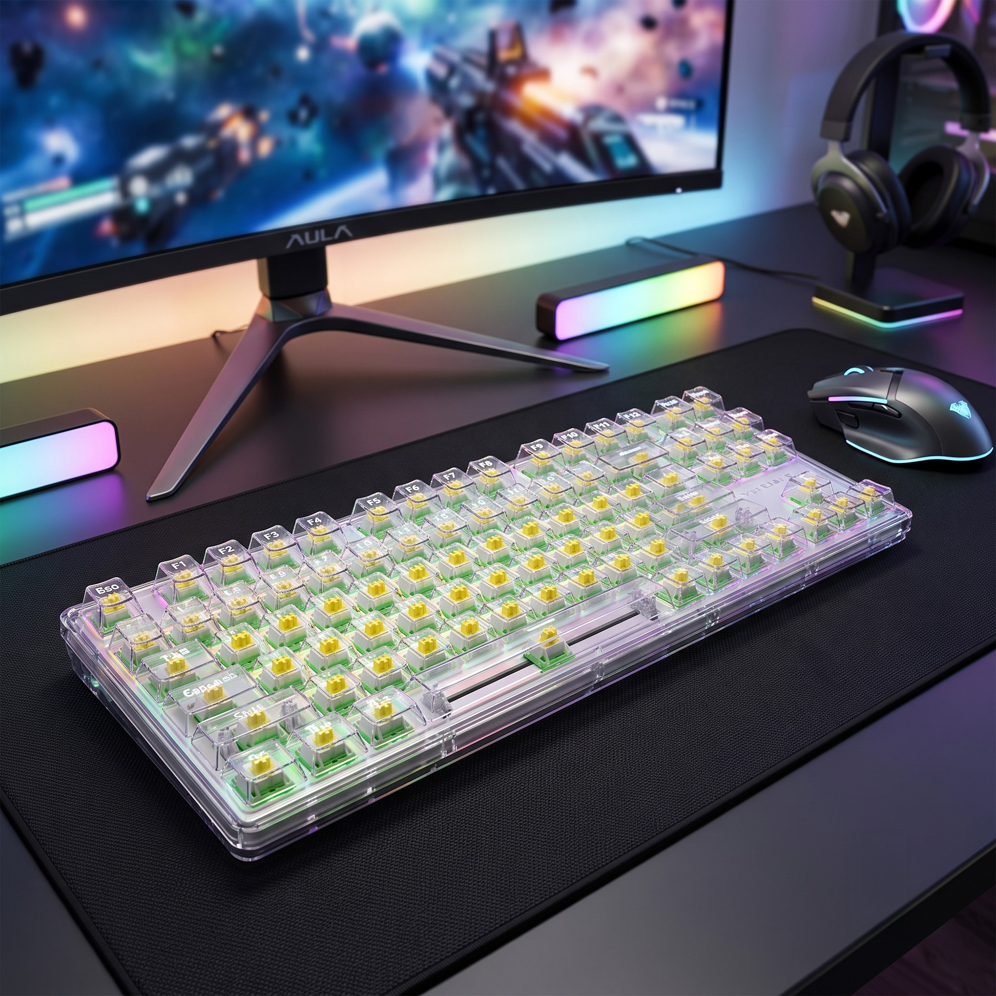 Siyah mousepad üzerinde RGB aydınlatmalı, şeffaf oyuncu klavyesi, fare, monitör ve kulaklık.