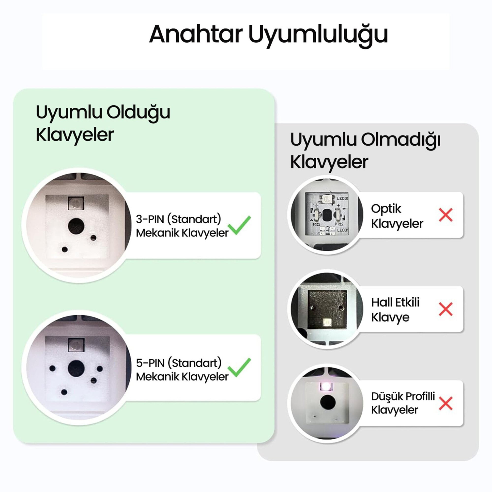 Uyumlu 3 pinli ve 5 pinli mekanik klavyeler ile uyumsuz optik, Hall etkili ve düşük profilli klavyeleri gösteren karşılaştırma tablosu.