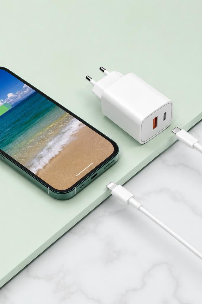 Açık yeşil ve beyaz bir yüzey üzerinde bir akıllı telefonun yanında beyaz bir USB şarj cihazı ve iki beyaz kablo.