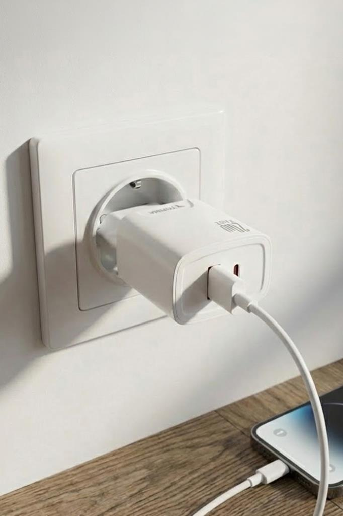 Beyaz bir USB şarj cihazı duvardaki prize takılı, ahşap yüzeydeki akıllı telefona beyaz bir kabloyla bağlı.