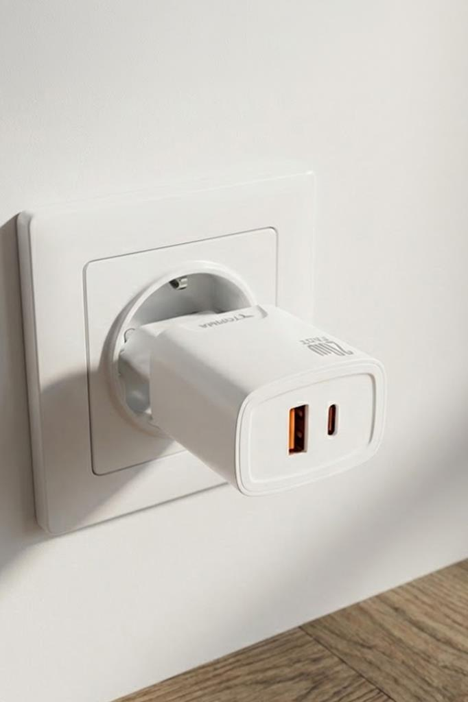 Duvardaki beyaz bir elektrik prizine takılı, iki bağlantı noktasına sahip beyaz bir USB şarj cihazı.