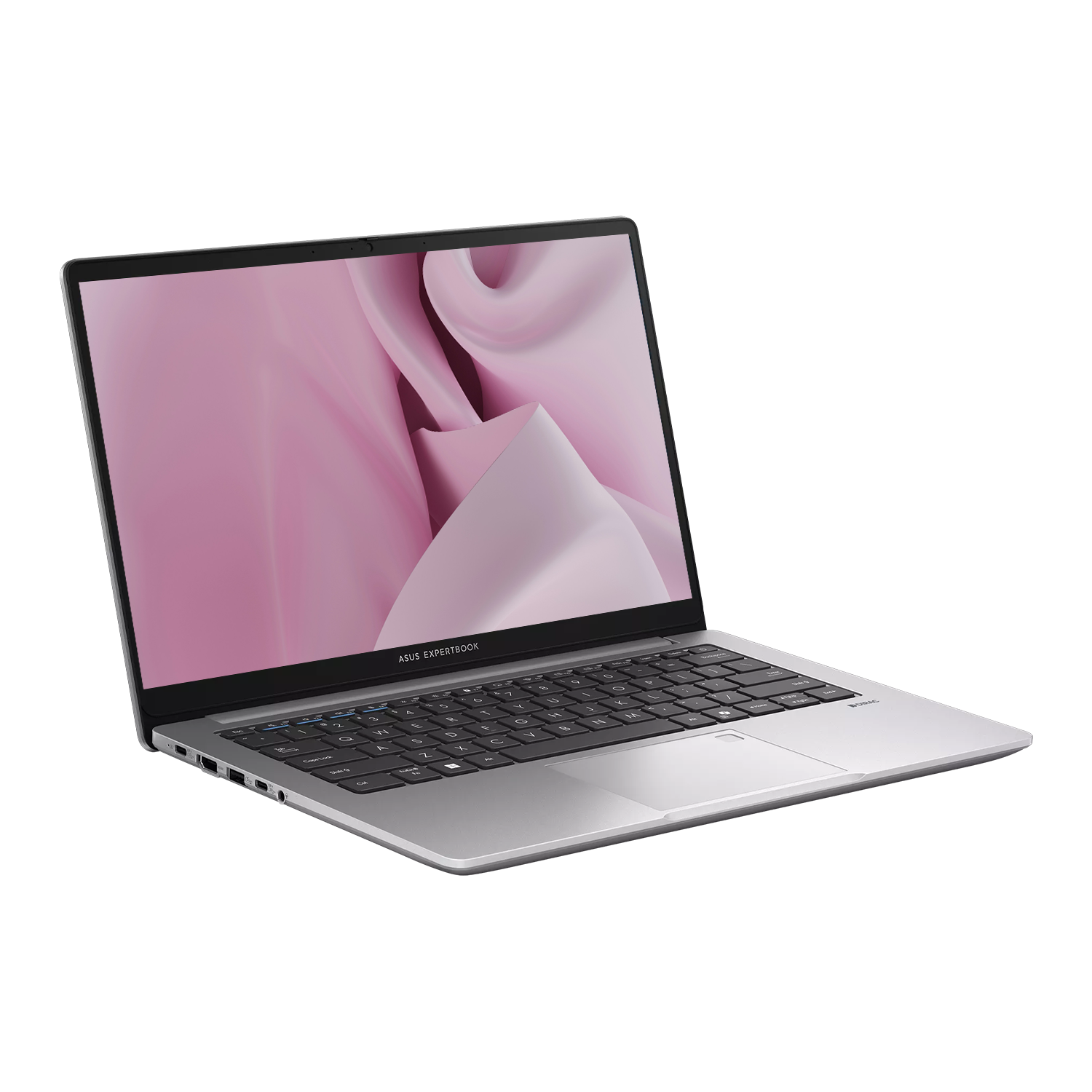 Soyut pembe bir duvar kağıdı gösteren açık ekranlı gümüş renkli Asus ExpertBook dizüstü bilgisayar.
