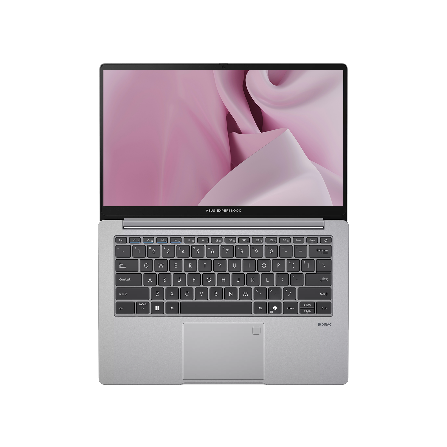 Pembe arka planlı açık ekranlı gümüş renkli Asus ExpertBook dizüstü bilgisayar.