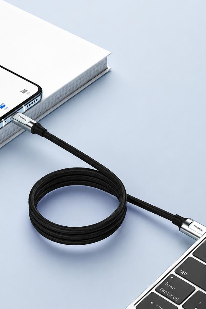 Siyah örgülü bir USB kablosu, bir kitap üzerindeki akıllı telefonu açık mavi bir yüzeydeki dizüstü bilgisayara bağlar.