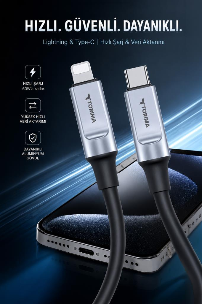 Akıllı telefon ve karanlık arka plan üzerinde Torima logolu, gümüş metal konnektörlü iki siyah şarj kablosu.