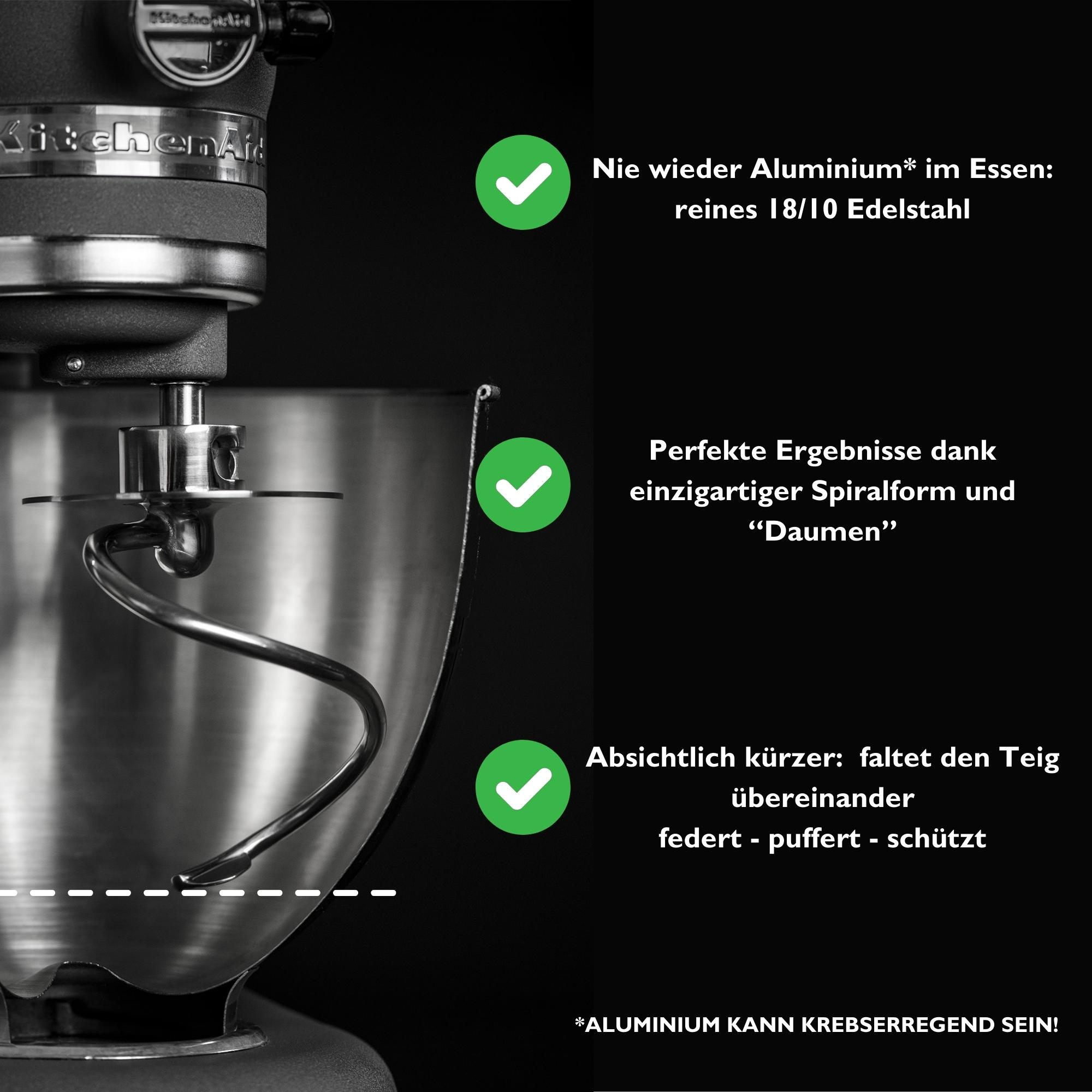 Edelstahl-Knethaken in einer Edelstahl-Rührschüssel mit deutschen Werbetexten.