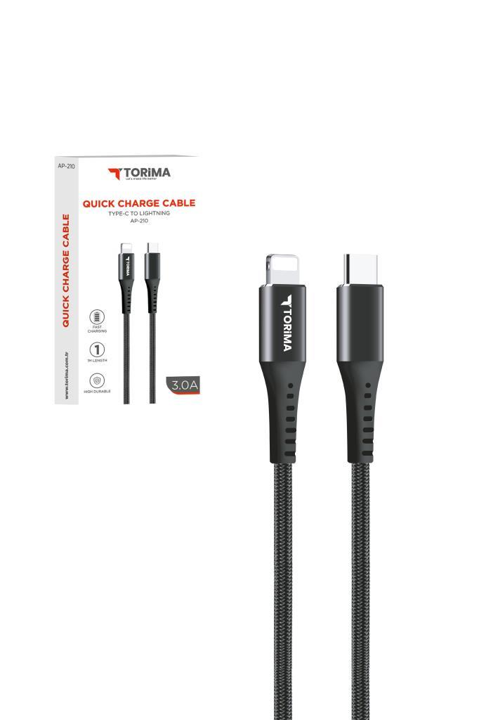 Siyah renkli Torima Type-C - Lightning hızlı şarj kablosu, ambalajı ve 3.0A ile.