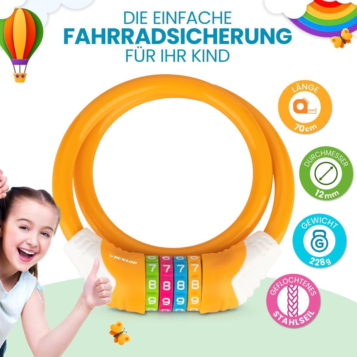 Ein gelbes Dunlop Kinderschloss mit Zahlenkombination und glücklichem Mädchen.