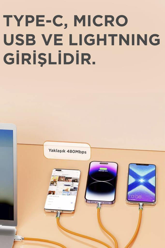 Üç akıllı telefon sarı kablolarla bağlı, üzerinde Türkçe metin var.