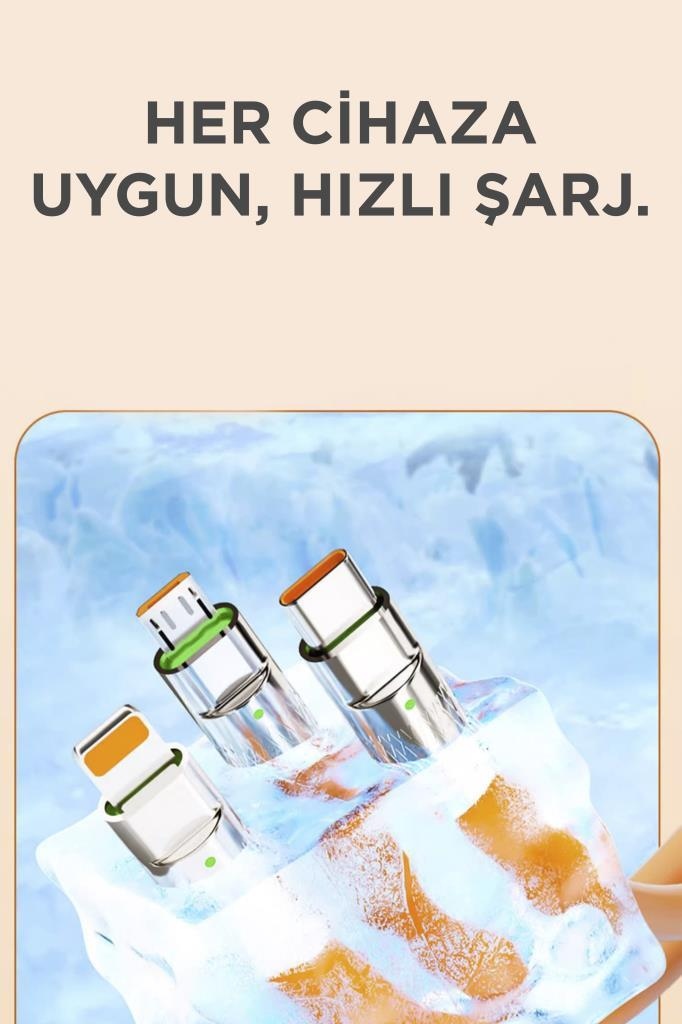 Erimekte olan buz içindeki üç metal manyetik şarj ucu ve üstte Türkçe yazı.