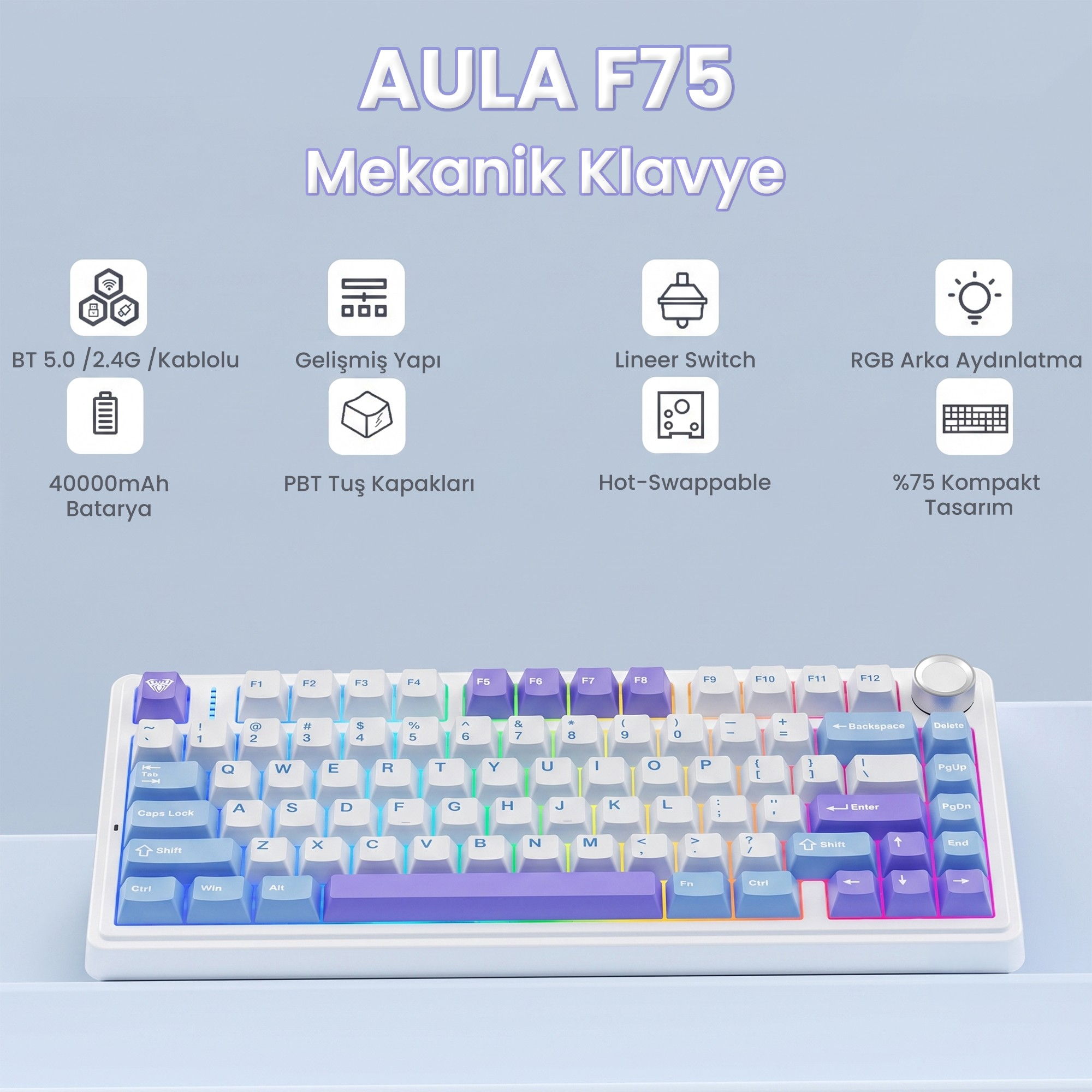 Mechaniczna klawiatura AULA F75 w biało-fioletowym stylu, z podświetleniem RGB i ikonami funkcji powyżej.