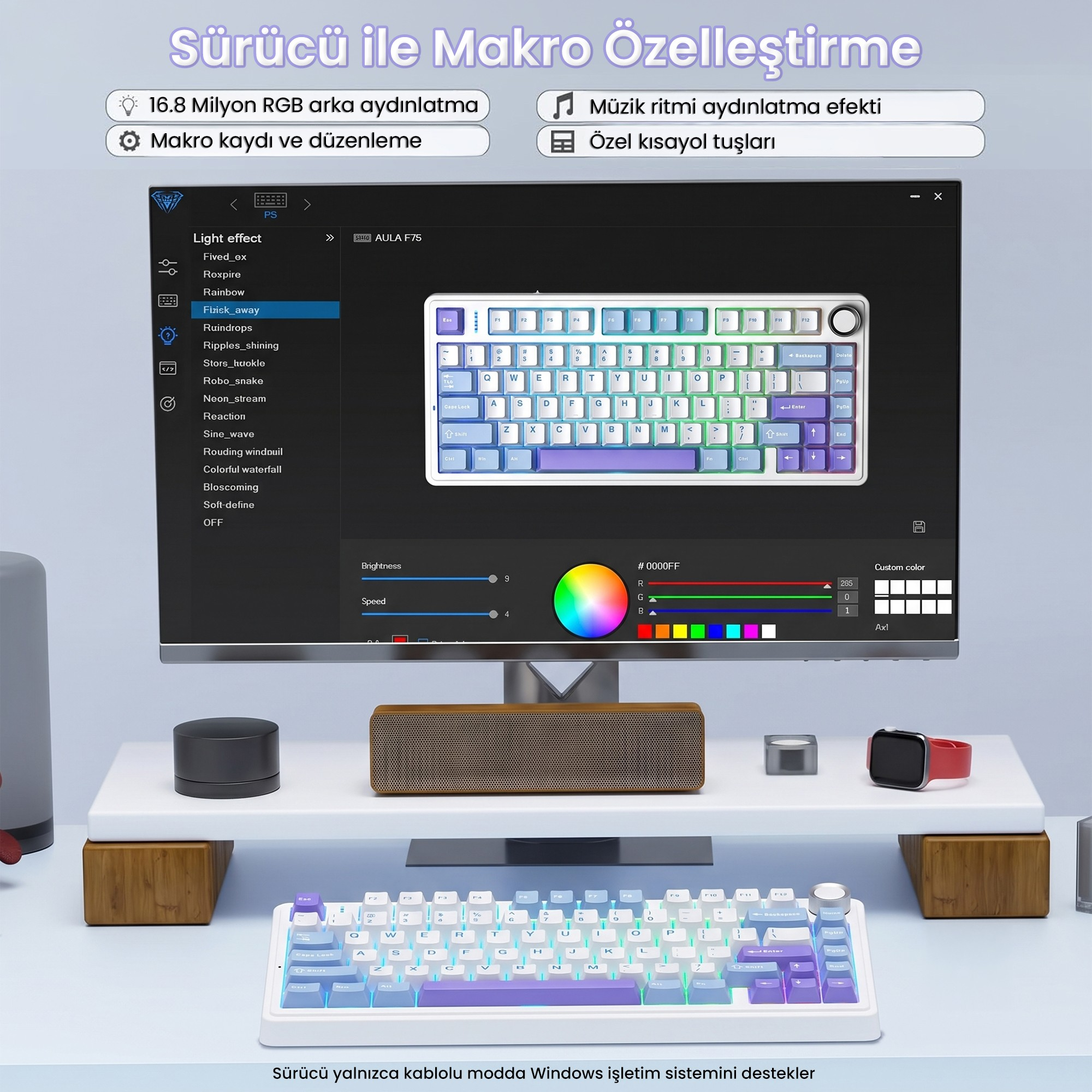 Monitor komputerowy wyświetla oprogramowanie sterownika dla białej klawiatury mechanicznej z podświetleniem RGB.