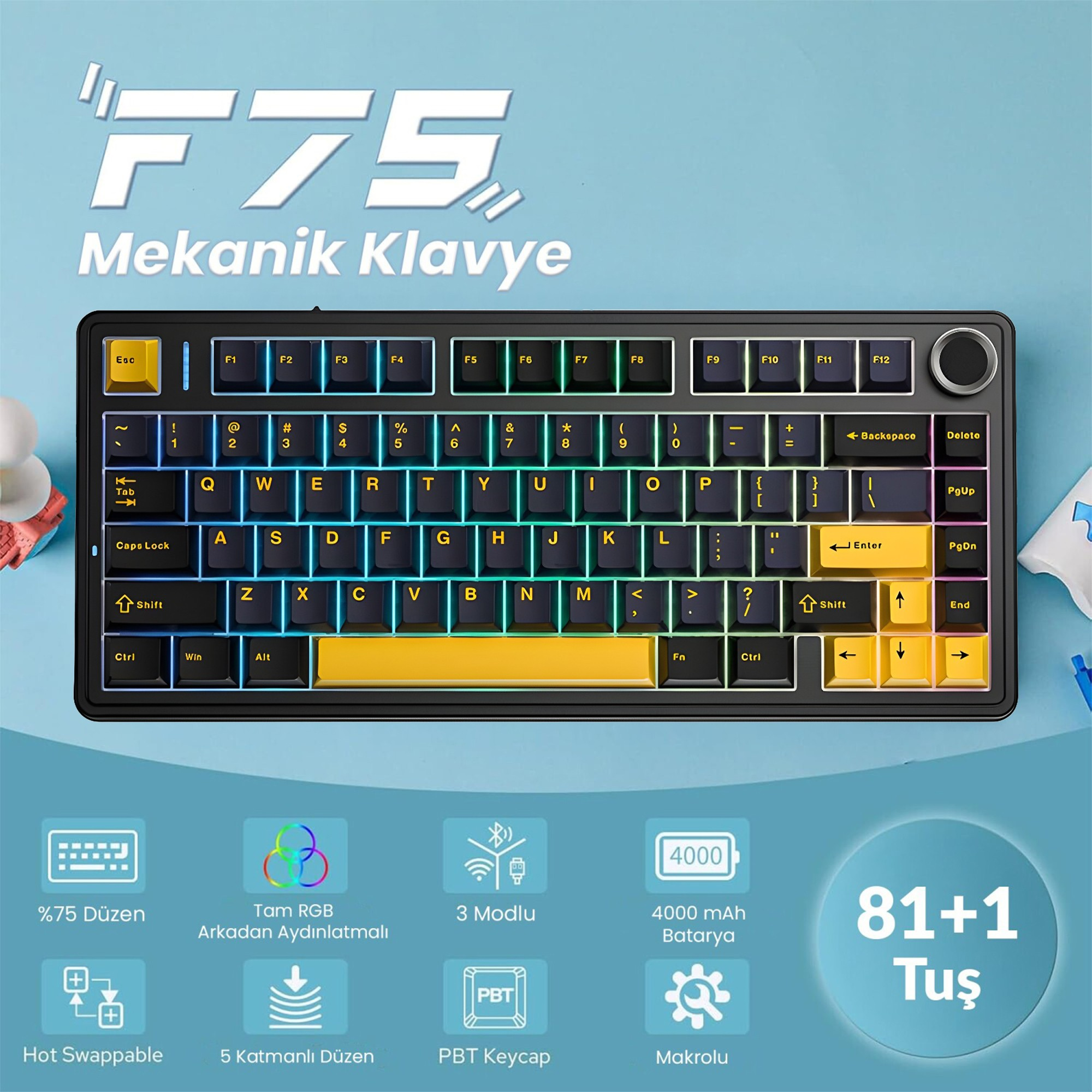 Mavi arka plan üzerinde RGB arka plan aydınlatmalı ve sarı detaylı siyah mekanik klavye.