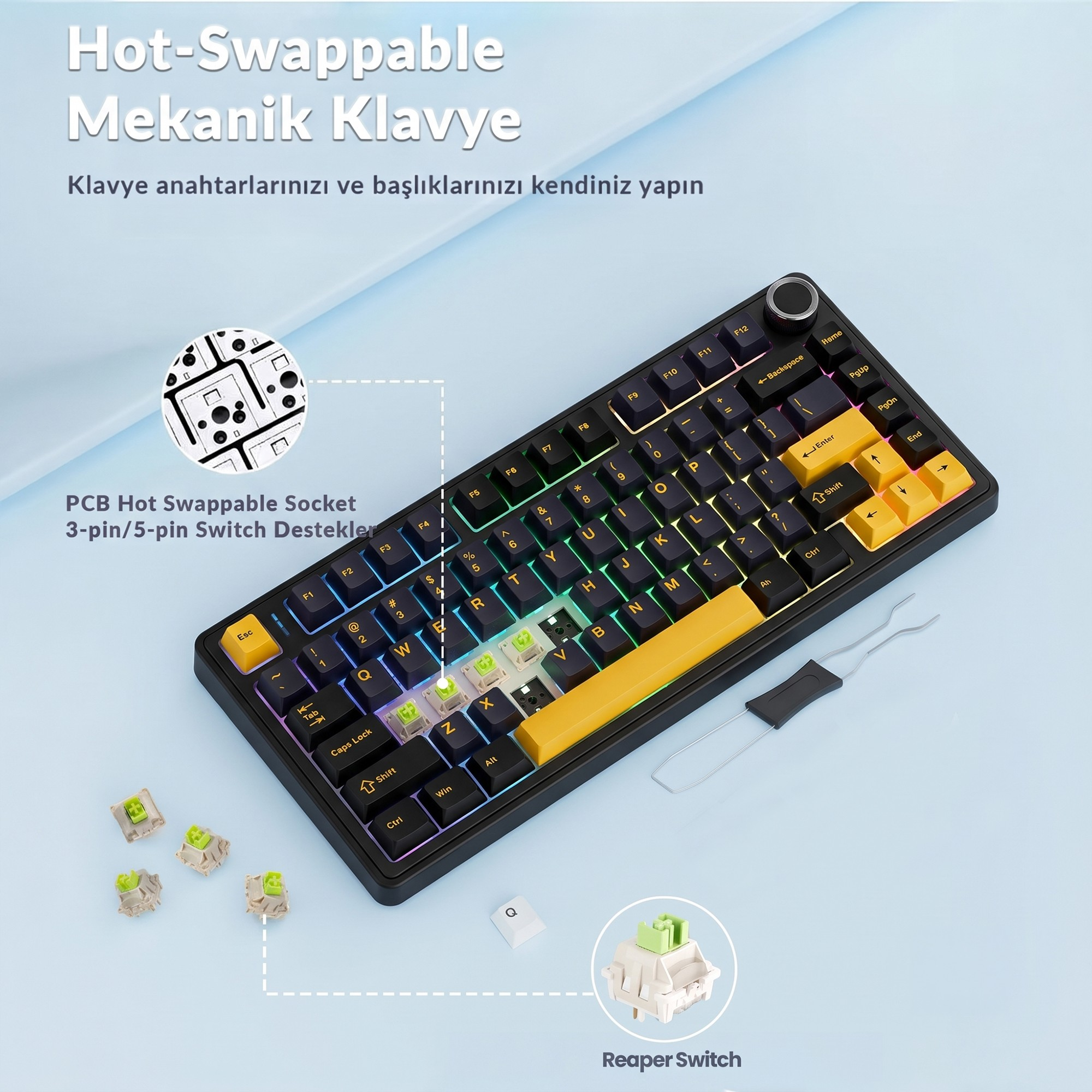 Mavi arka planda sarı detaylı, reaper switch'li ve soket yakın planı olan hot-swap mekanik klavye.