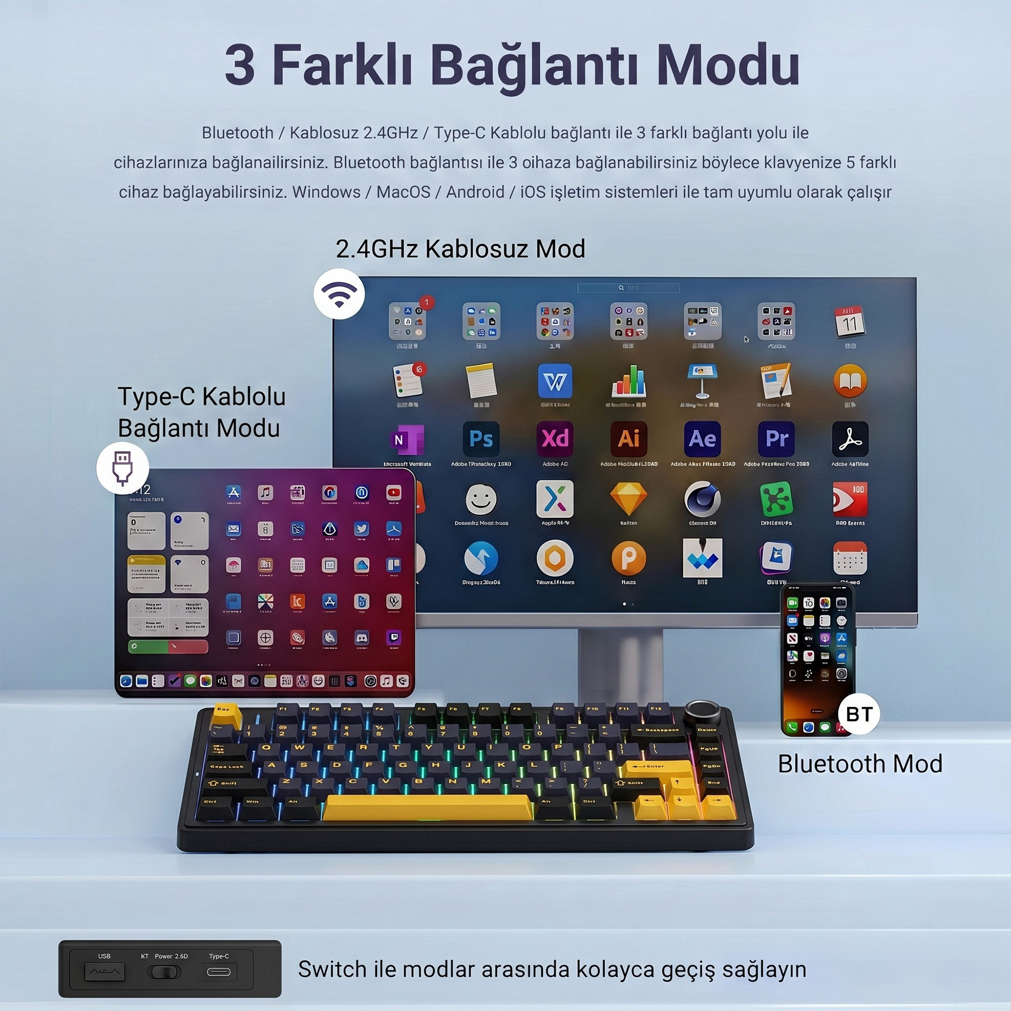 Bluetooth, 2.4GHz ve Tip-C olmak uzere uc farkli baglanti moduna sahip klavye.