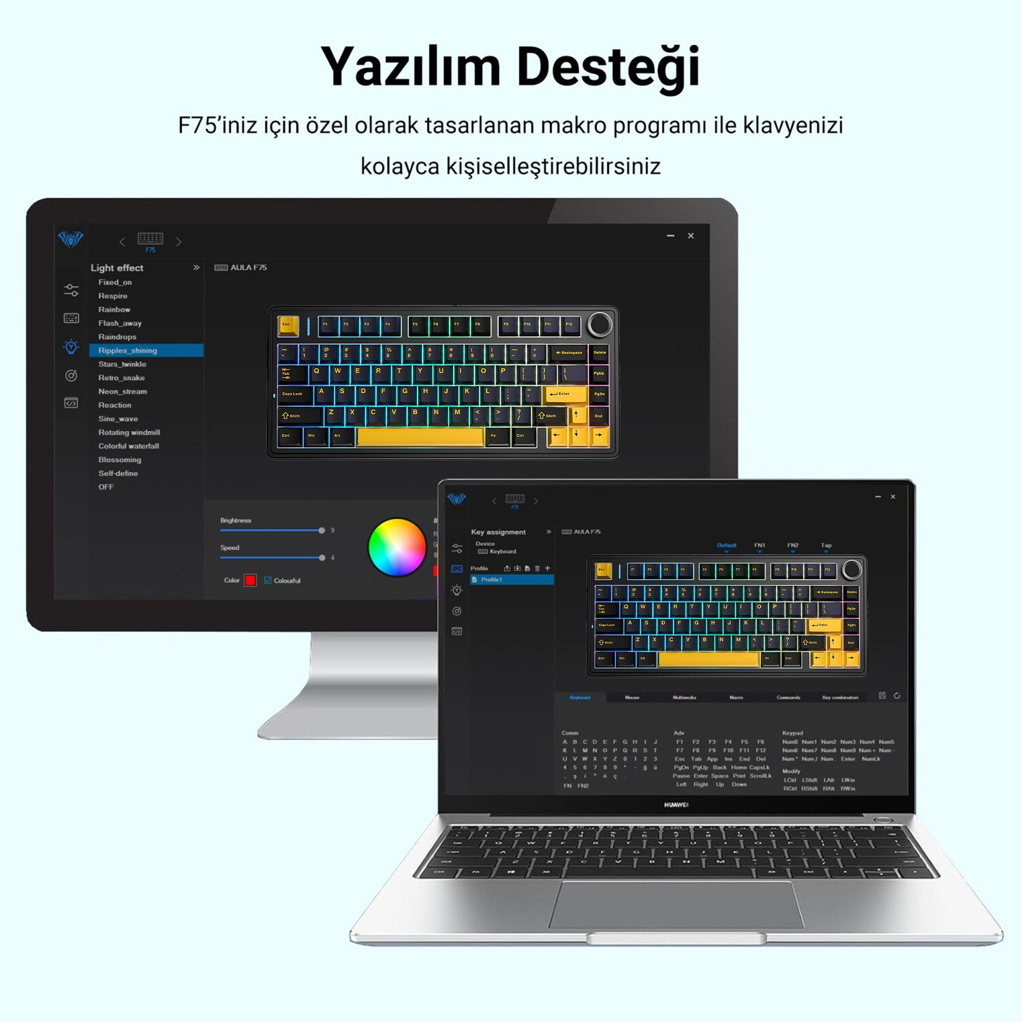 Monitör ve dizüstü bilgisayar, klavye aydınlatma ve tuş özelleştirme yazılımını gösterir.