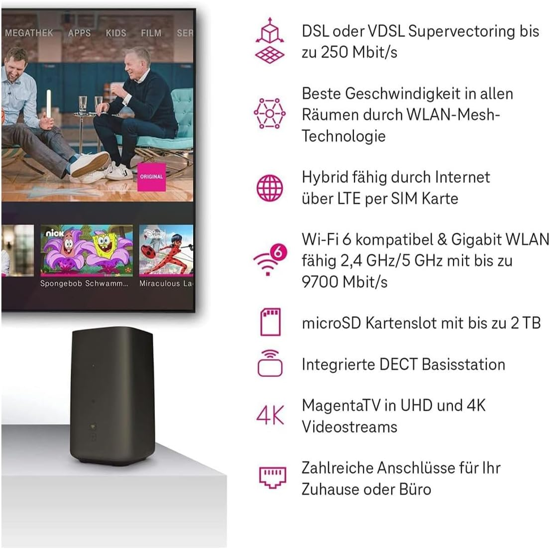Ein schwarzer Router mit TV-Bildschirm links und Technischen Daten auf der rechten Seite.