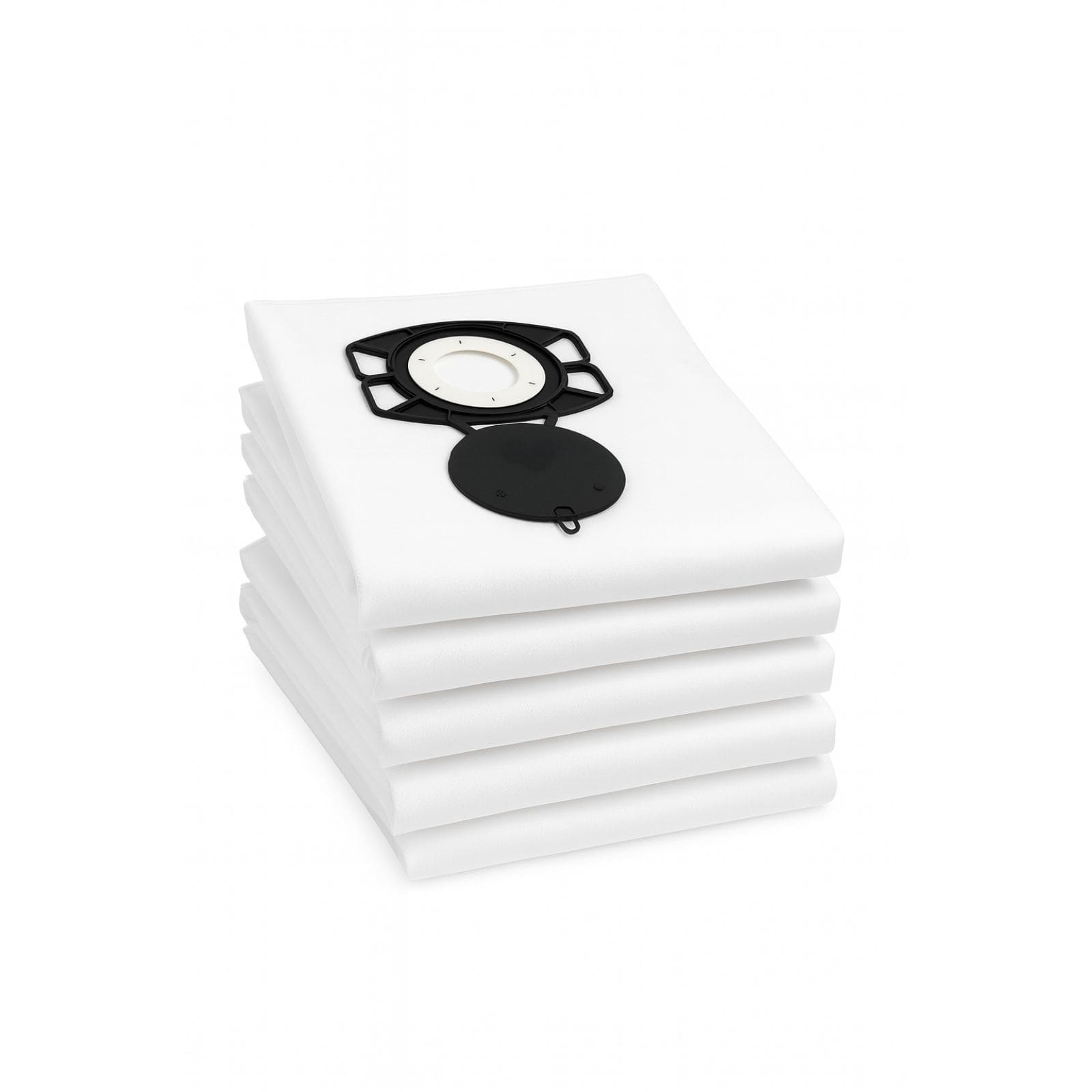 Ein Stack weißer Staubsaugerbeutel mit schwarzer Halterung auf weißem Hintergrund.