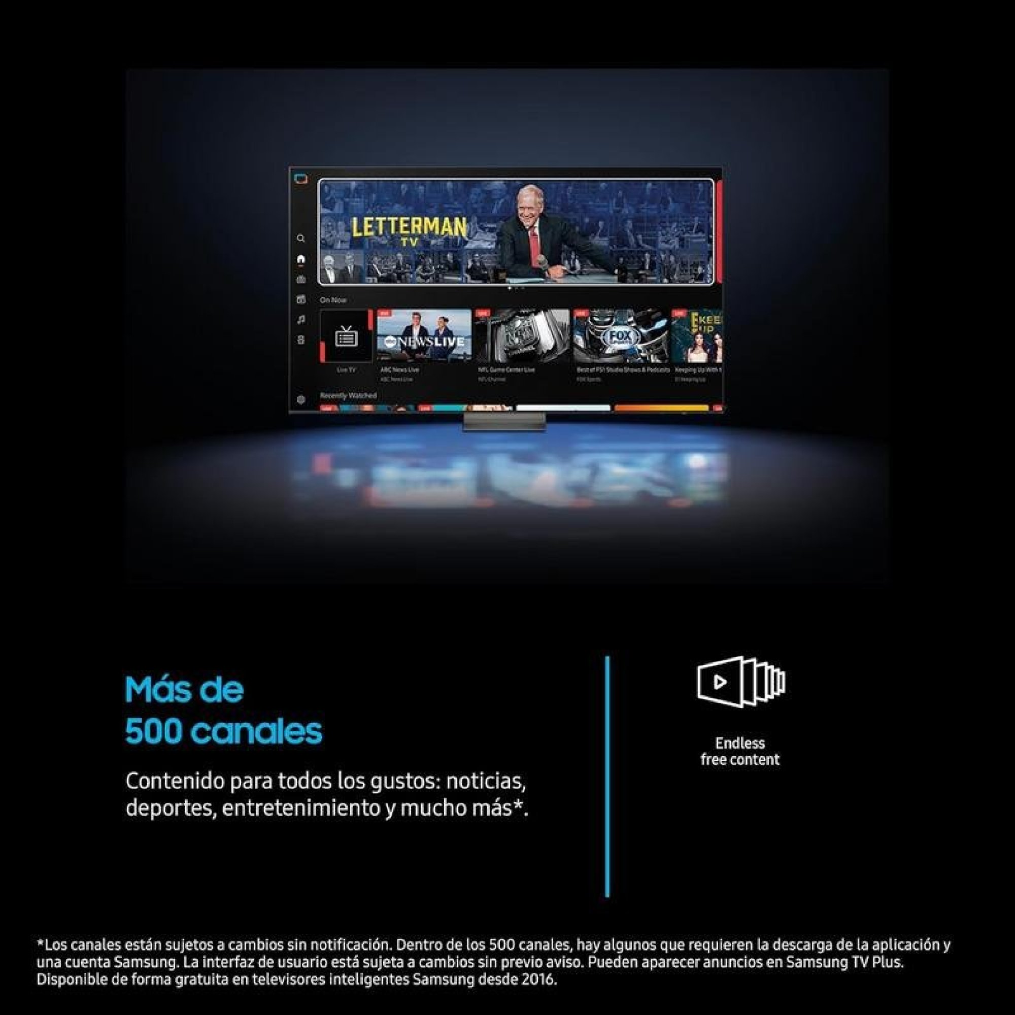 Una smart TV mostra un'interfaccia con il testo 'Più di 500 canali' e le categorie di contenuti sottostanti.
