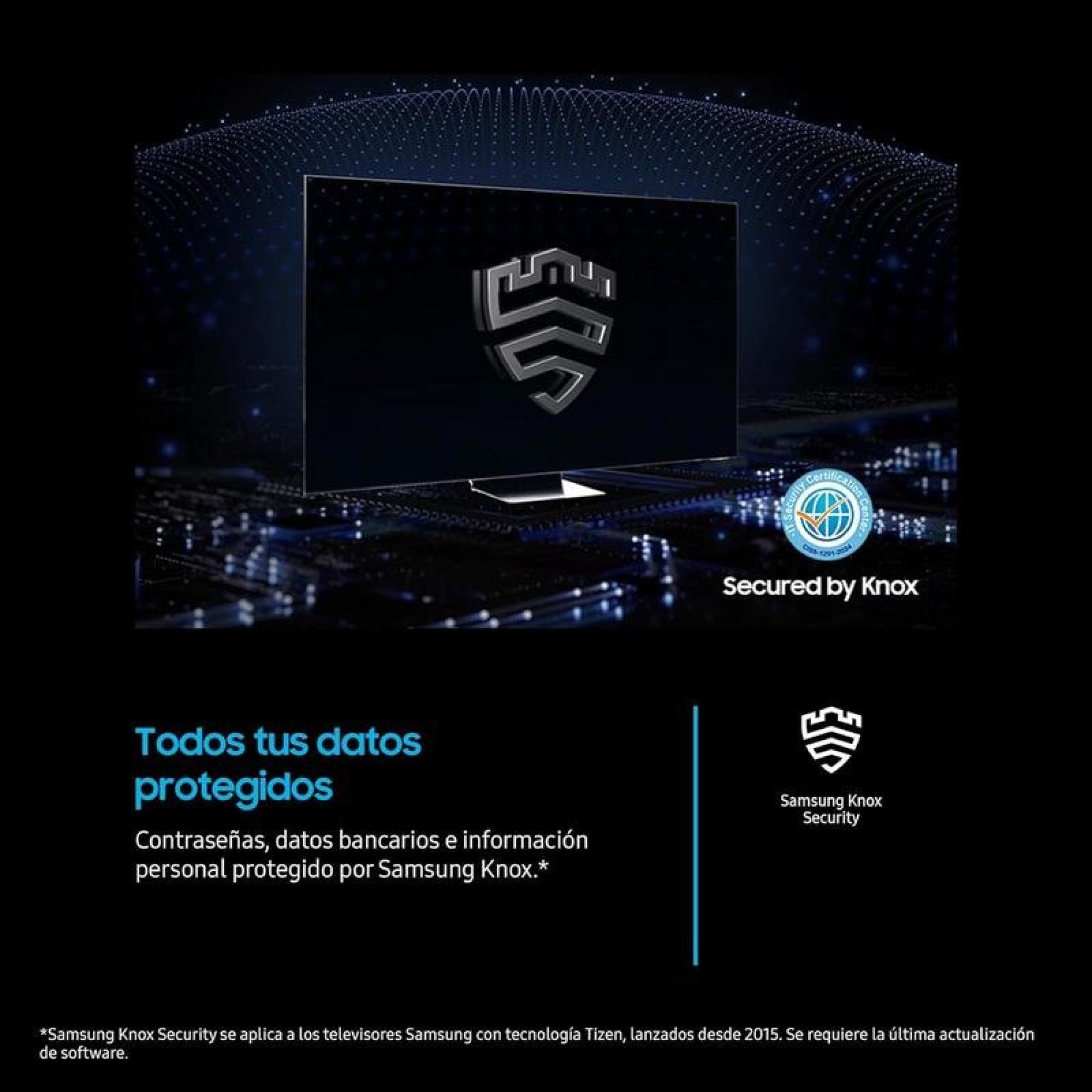 Una TV Samsung mostra il logo di Knox Security su sfondo digitale blu con testo in spagnolo.