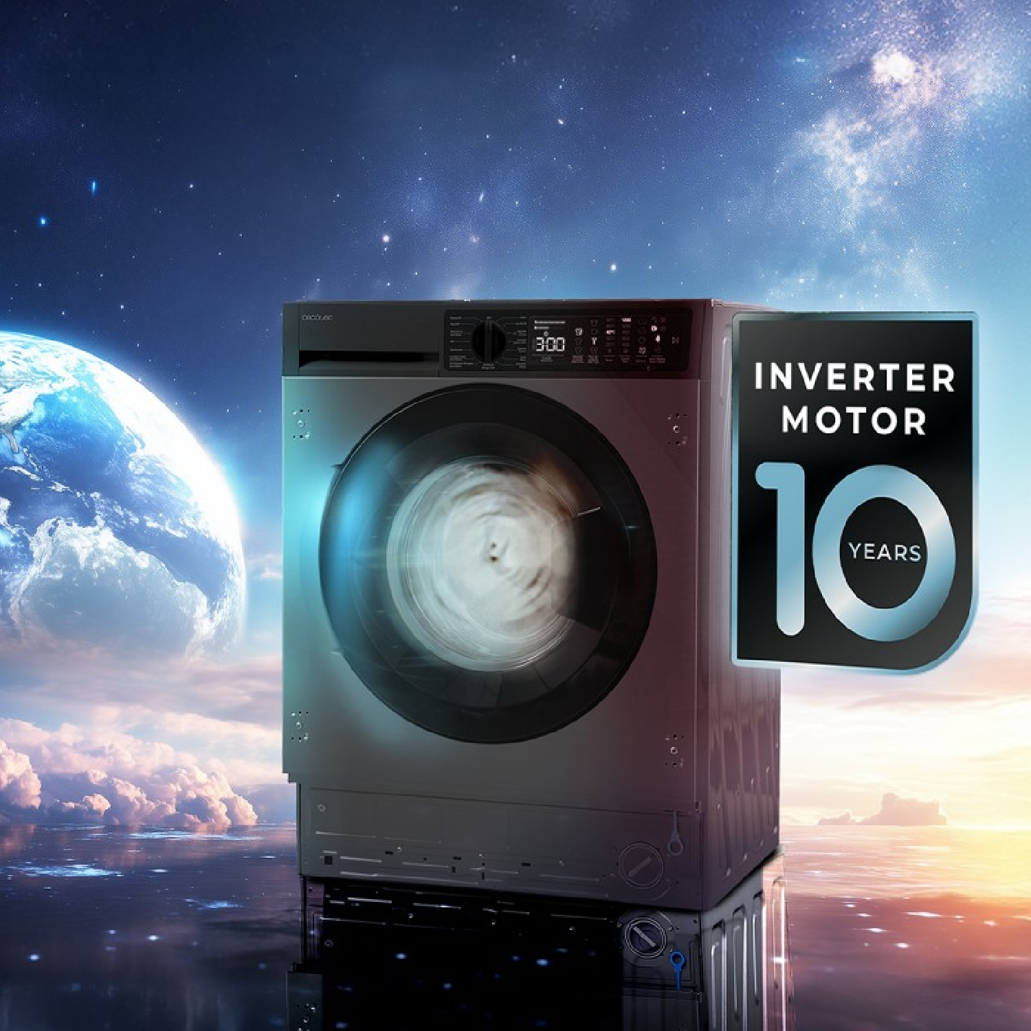 Una lavadora con motor Inverter y 10 años de garantía se encuentra sobre un fondo espacial con la Tierra.