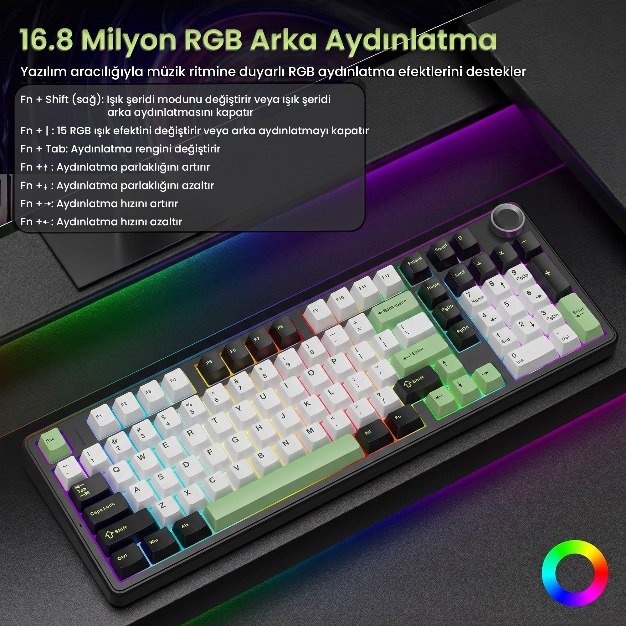 RGB aydınlatmalı, beyaz ve yeşil tuşlu mekanik klavye ve Türkçe bilgilendirme metni.