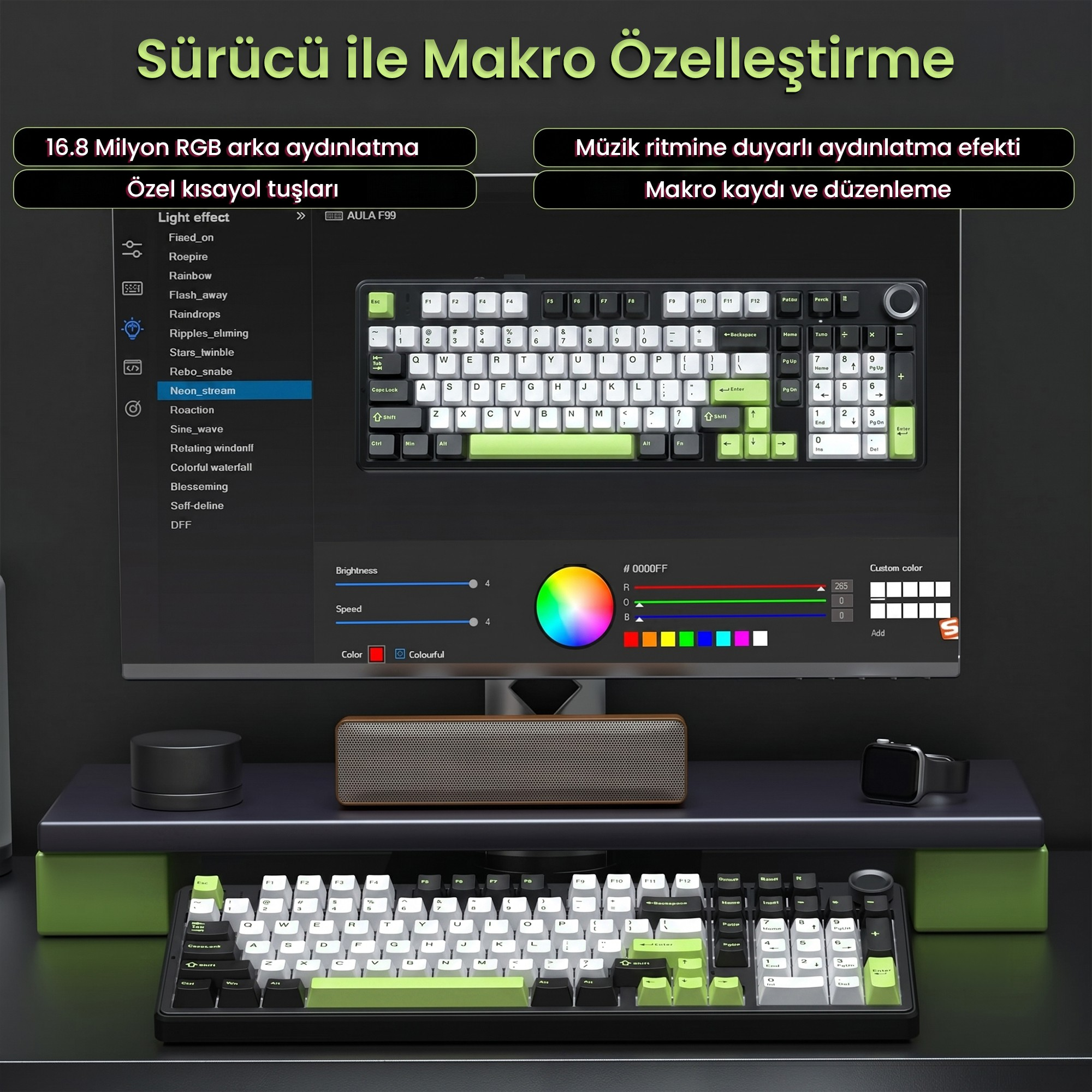 Bir monitör klavye özelleştirme yazılımını gösteriyor, önünde hoparlör ve fiziksel klavye var.
