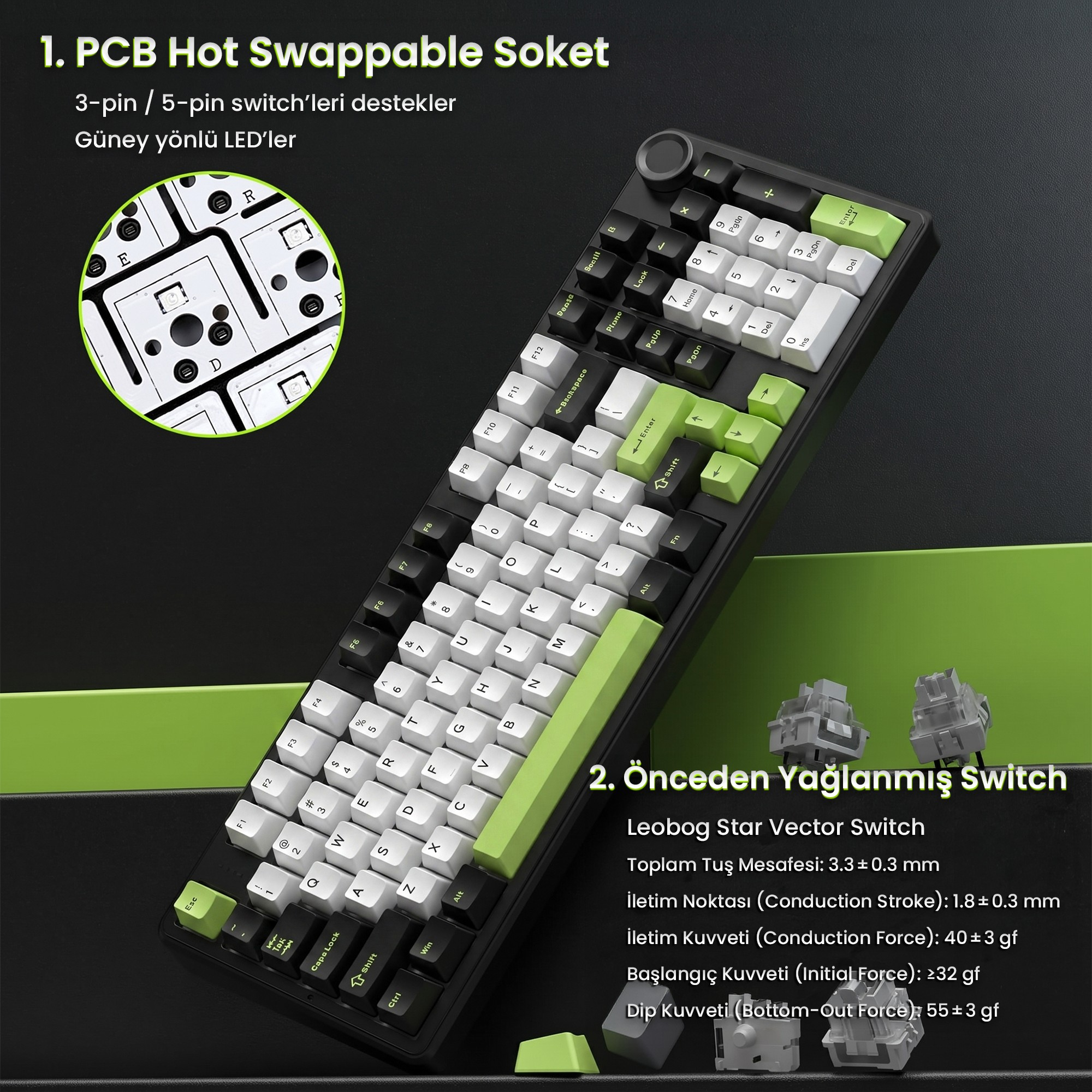 Yeşil ve beyaz tuş kapaklarına sahip siyah mekanik klavye, çalışırken değiştirilebilir PCB ve switch.