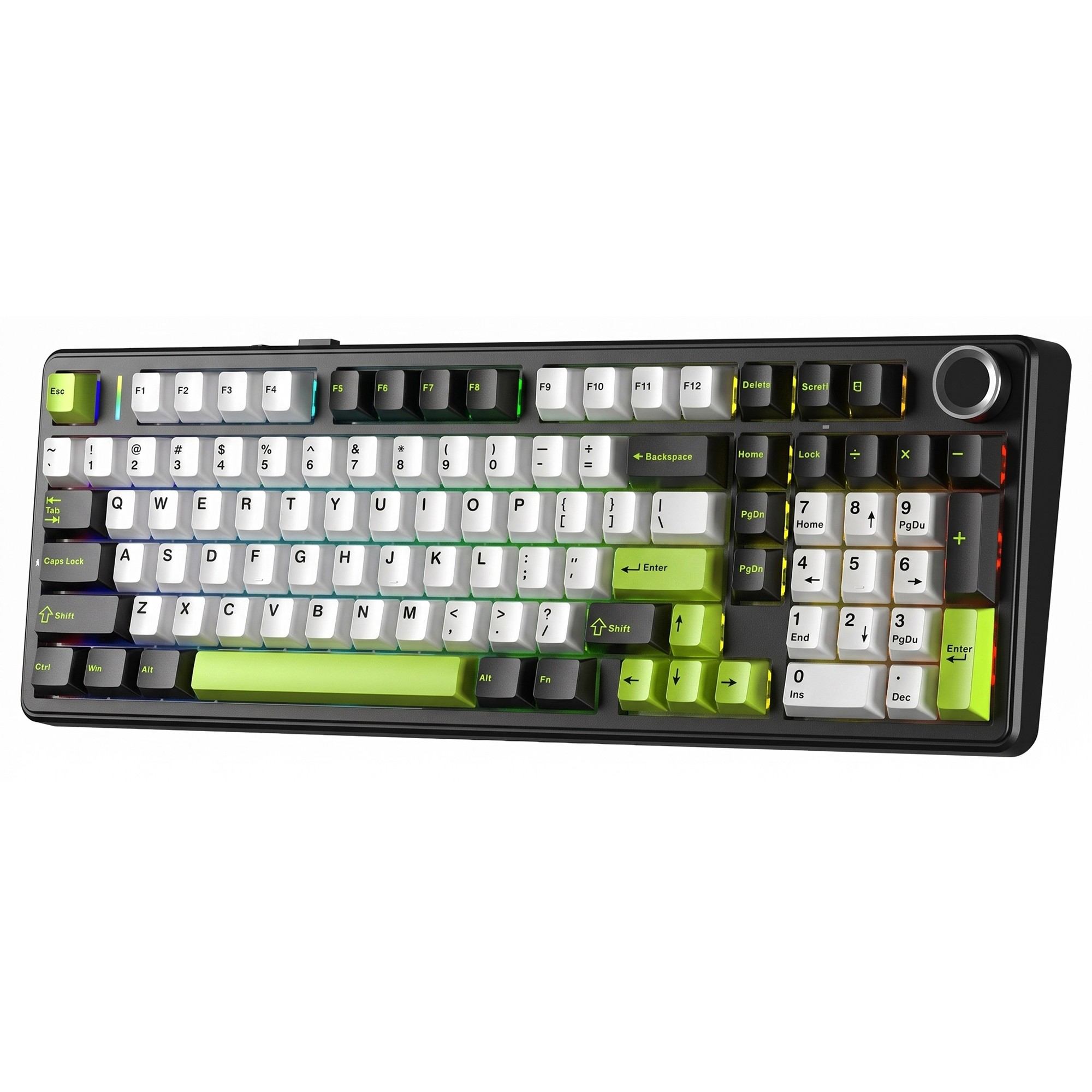 Beyaz, siyah ve parlak yeşil tuş kapaklarına ve RGB aydınlatmaya sahip siyah mekanik klavye.