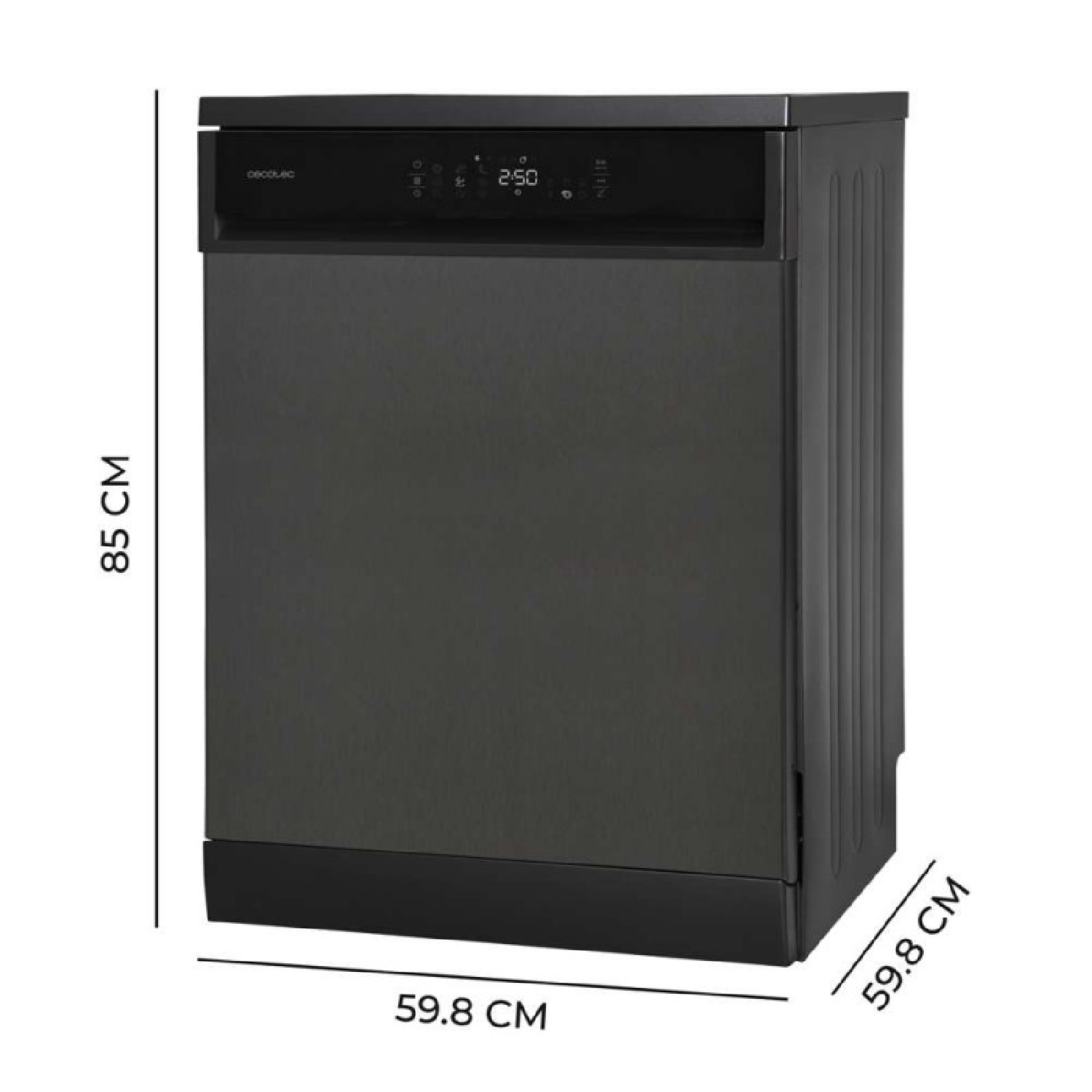 Lavastoviglie nera con dimensioni 85x59,8x59,8 cm su fondo bianco.