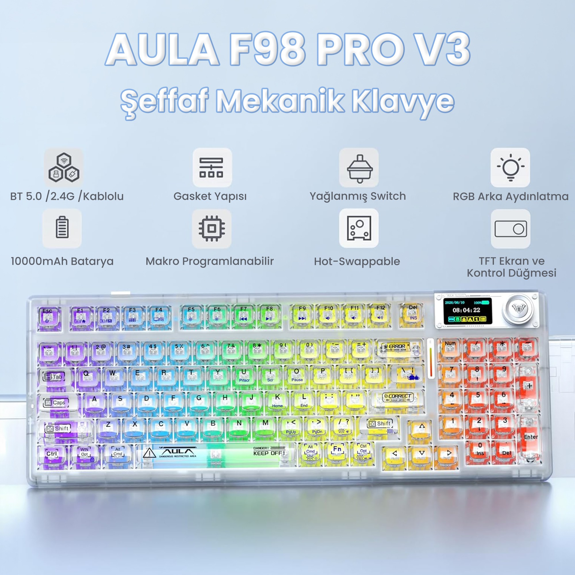 RGB aydınlatmalı, ekranlı ve özellik simgeli AULA F98 Pro V3 şeffaf mekanik klavye.