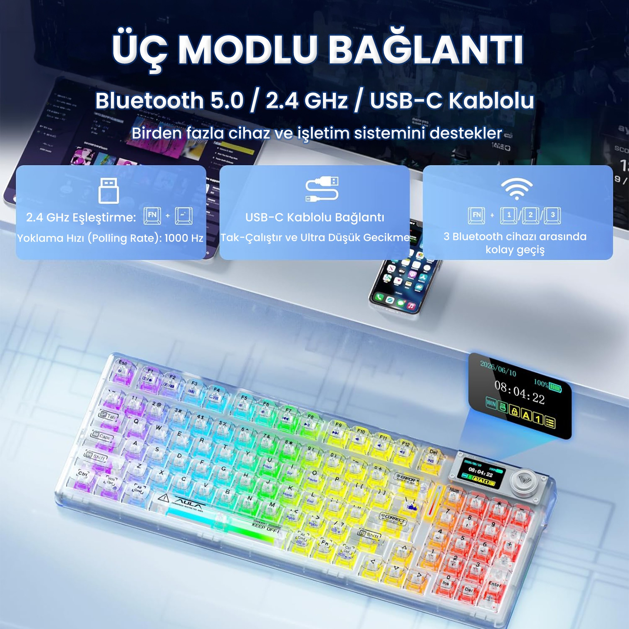 Üç bağlantı moduna, ekrana ve kılavuzlara sahip RGB mekanik klavye.