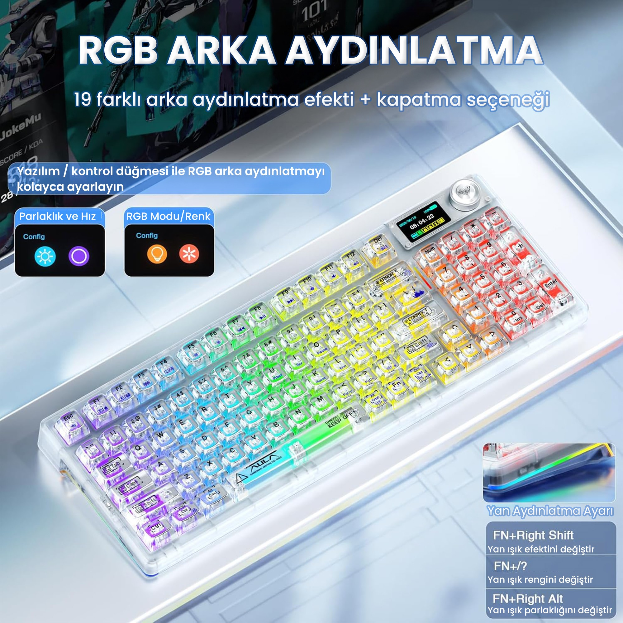 Açık renkli arka plan  üzerinde renkli RGB arka aydınlatmalı şeffaf mekanik klavye.