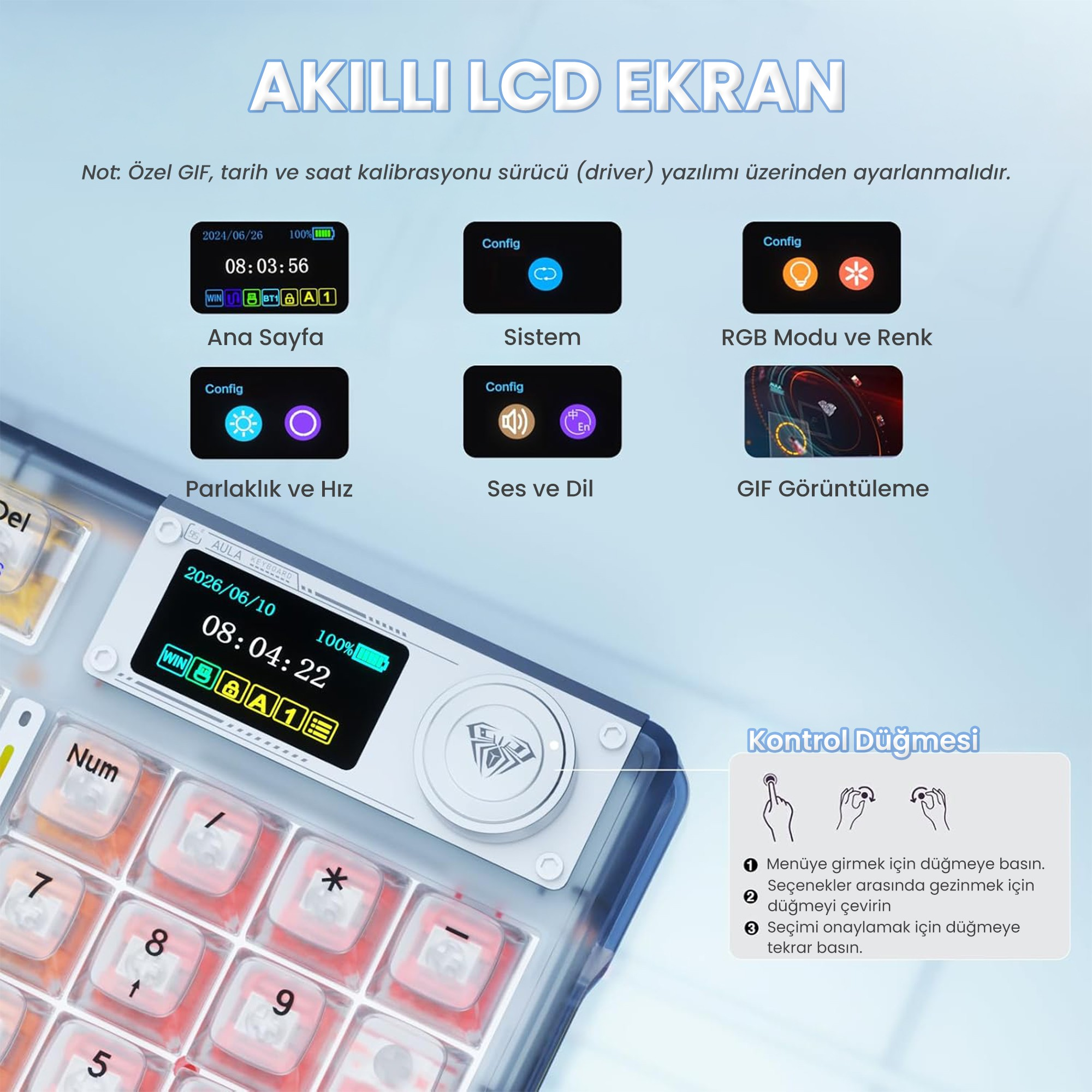 LCD ekranlı ve kontrol düğmeli mekanik numerik tuş takımının yakın plan görünümü.