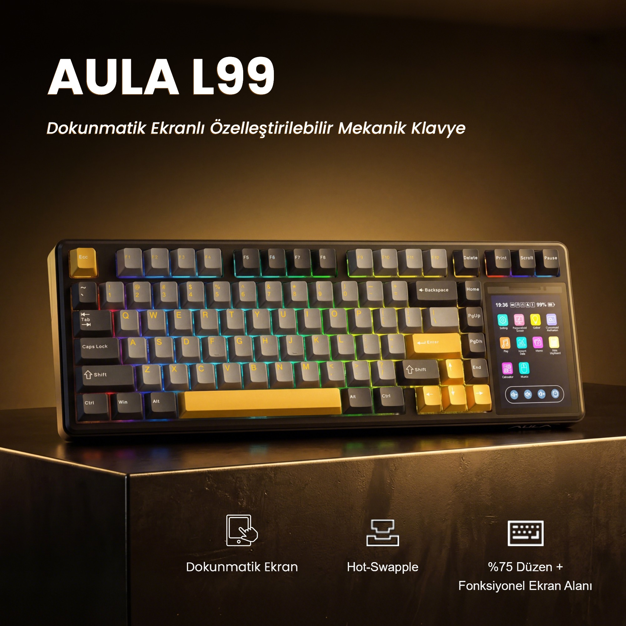 Aula L99, sarı detaylara, RGB aydınlatmaya ve sağda dokunmatik ekrana sahip siyah mekanik klavyedir.