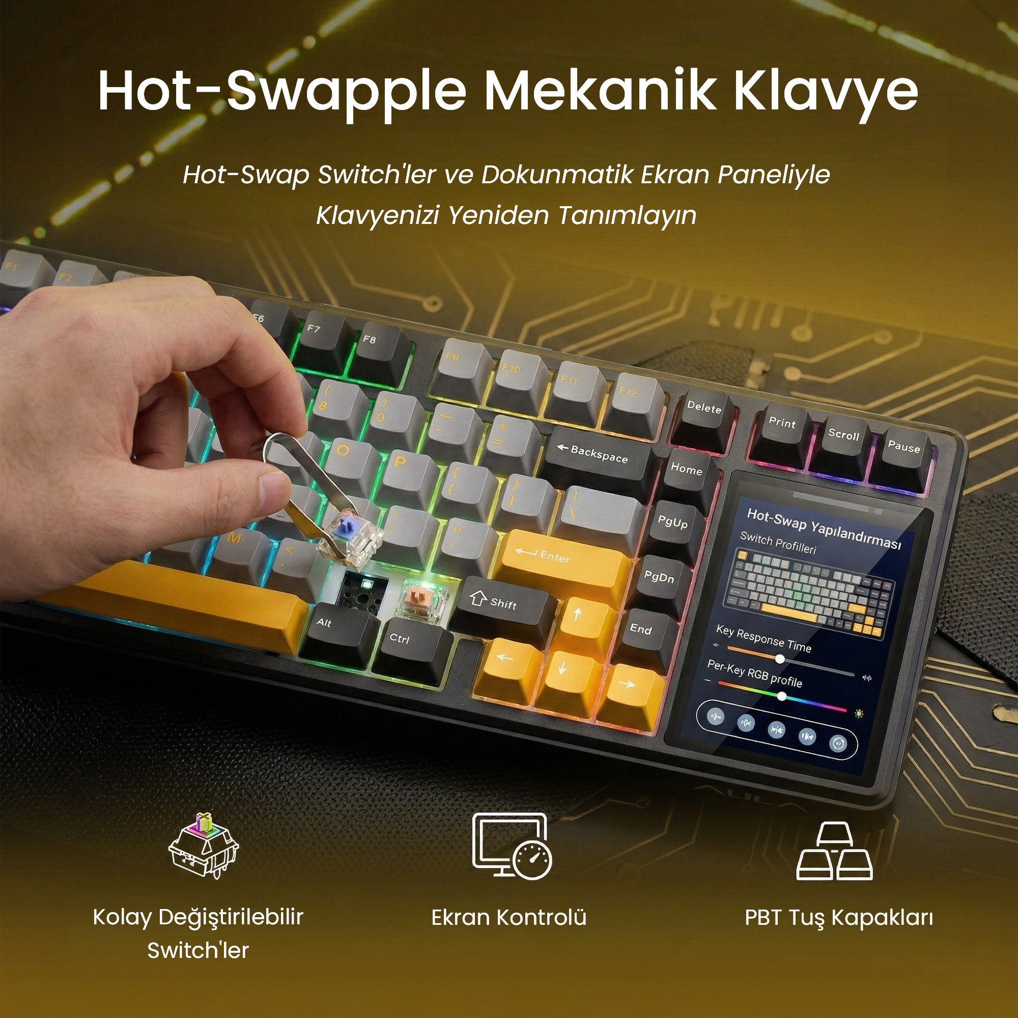 Gri, siyah ve sarı tuşlara ve ekran paneline sahip mekanik klavyeden cımbızla switch çıkarılan el.