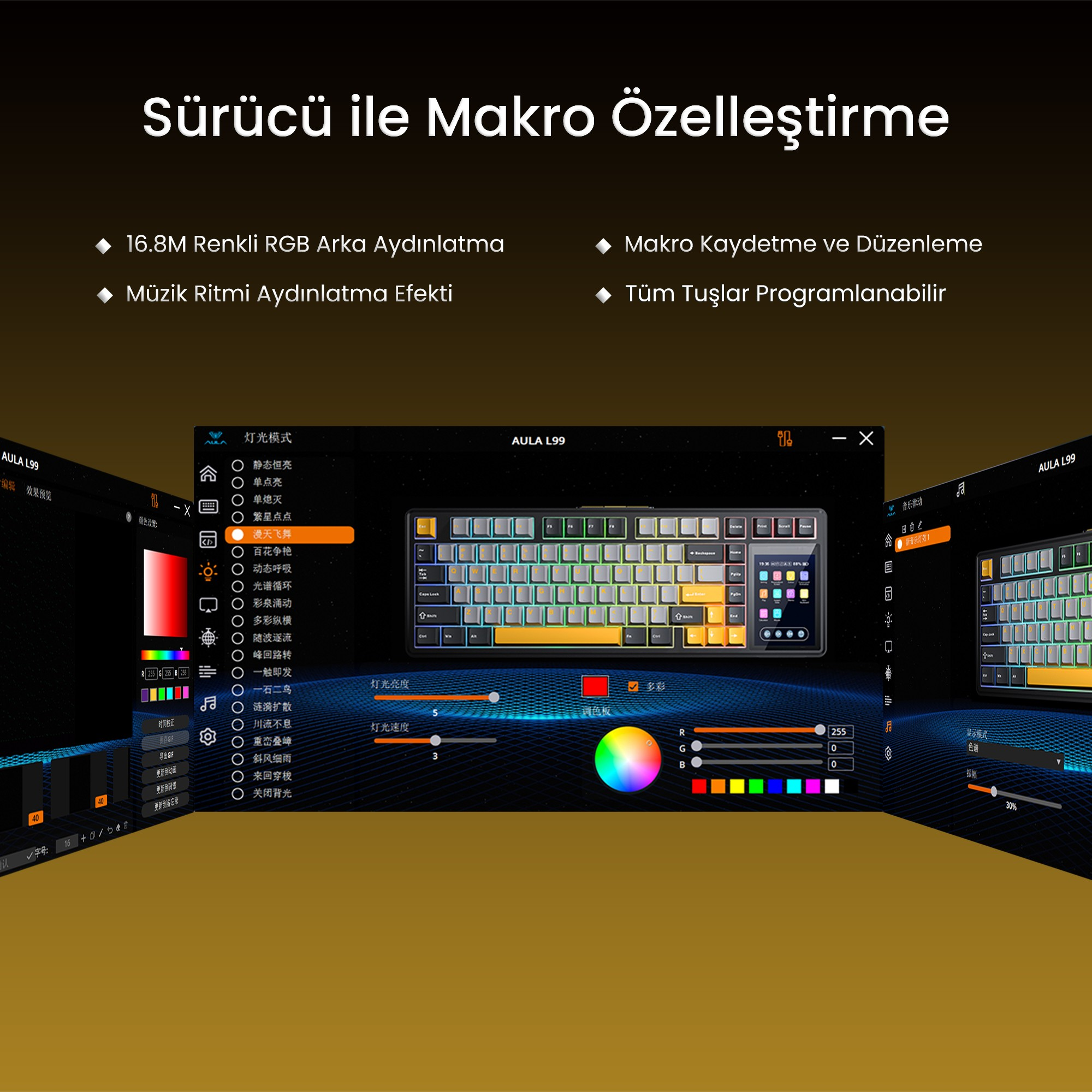RGB kontrolleri ile klavye aydınlatması ve makro özelleştirme yazılımı ekran görüntüsü.