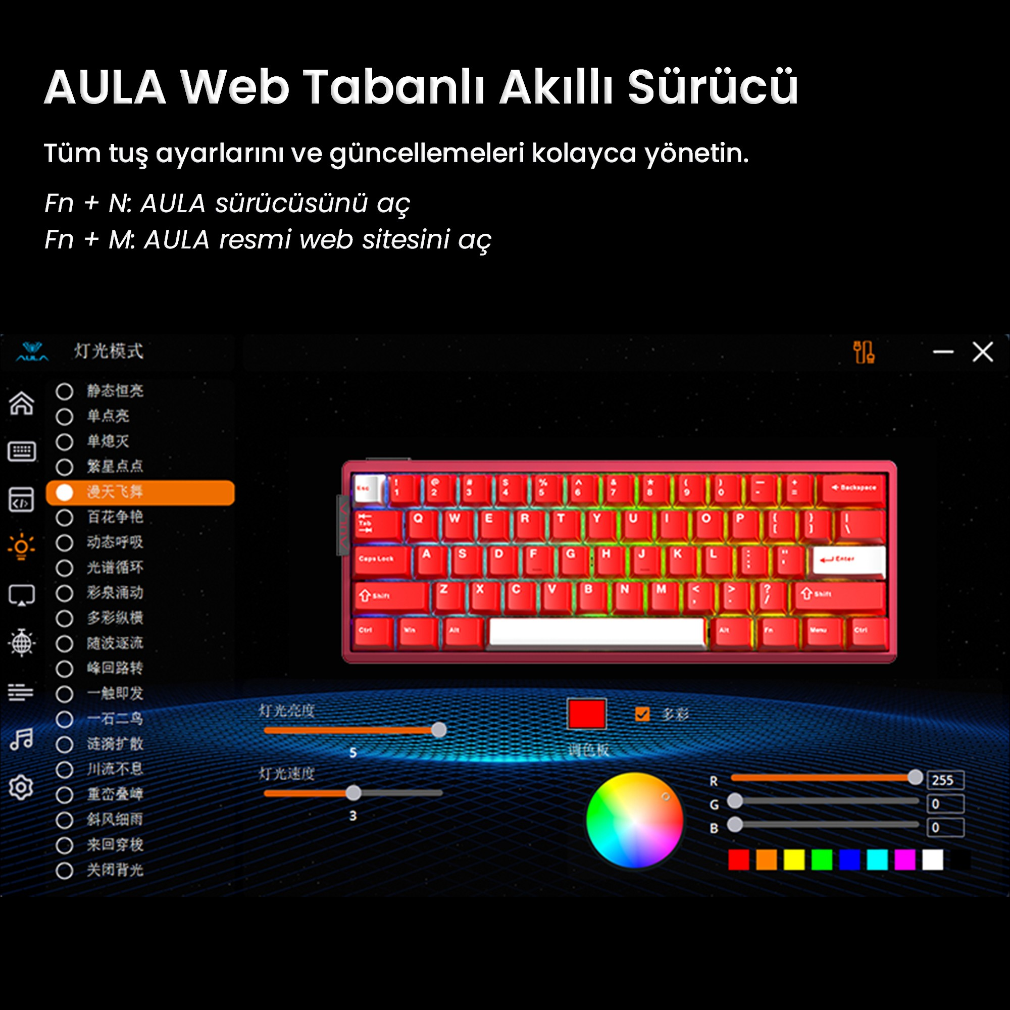 AULA web klavye yazılımının ayarları, aydınlatma modları ve kırmızı klavye gösteren ekran görüntüsü.