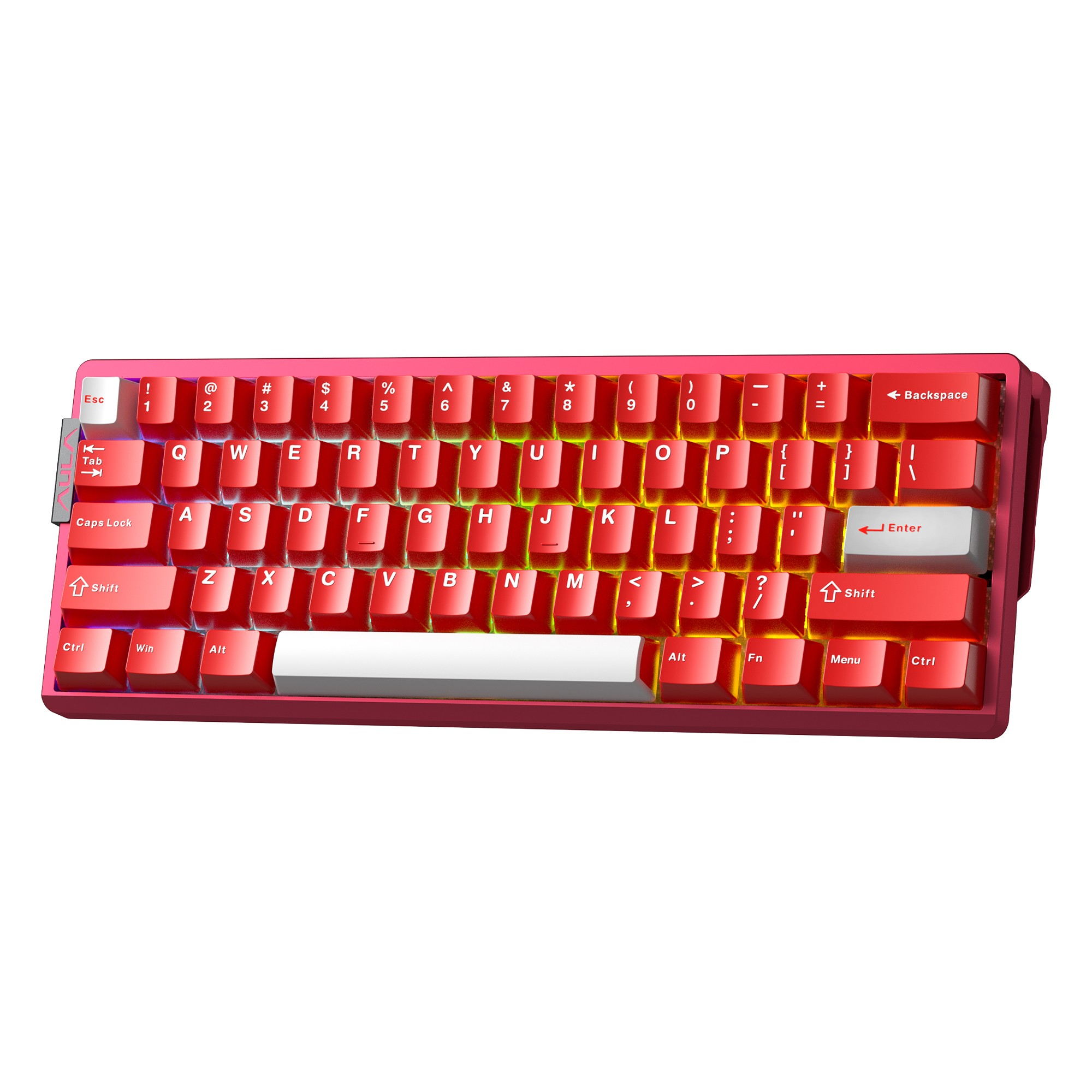 RGB arka aydınlatmalı ve beyaz vurgulu tuşlara sahip kompakt kırmızı oyun klavyesi.