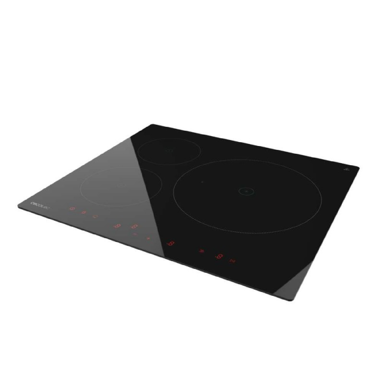 Una placa de inducción cerámica negra con tres zonas de calor circulares y botones táctiles rojos sobre fondo blanco.