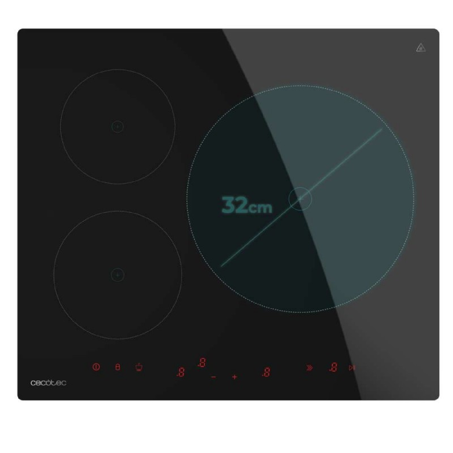 Placa de inducción negra con tres zonas de cocción, controles táctiles y una gran zona de 32 cm a la derecha.
