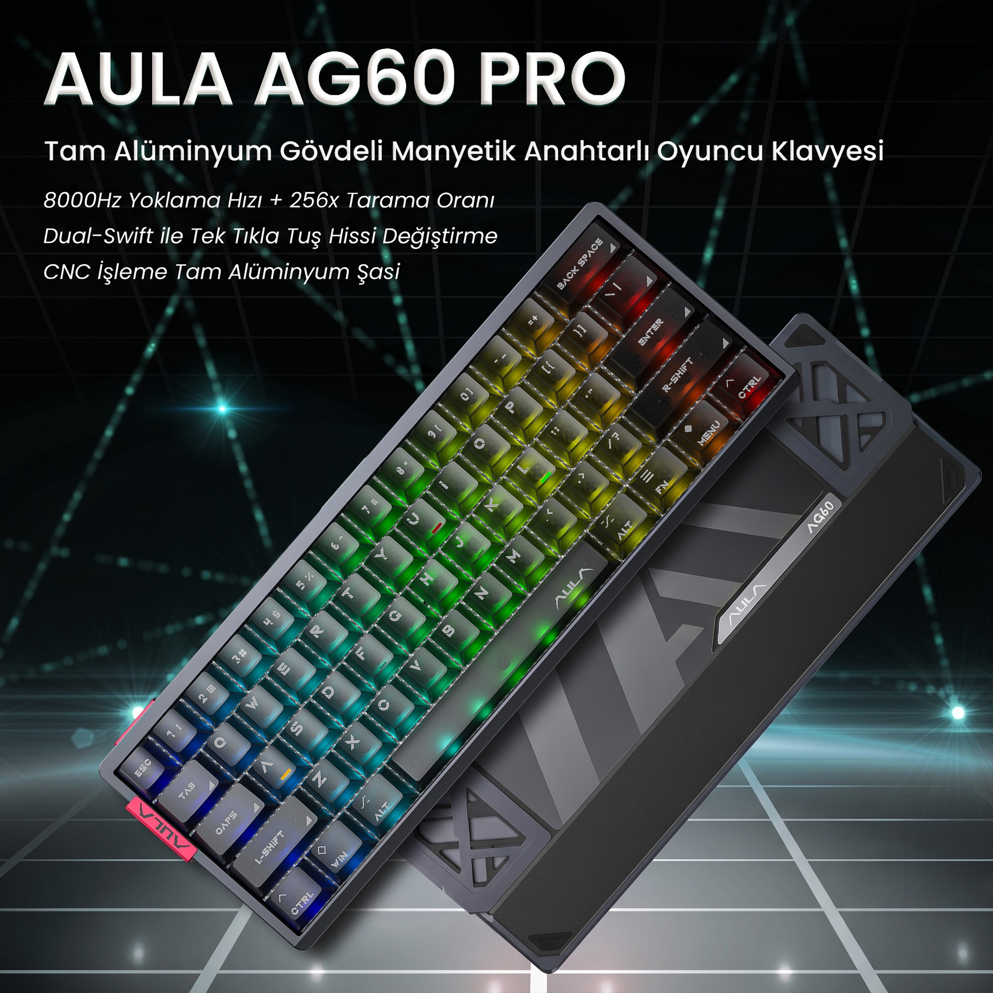 Karanlık geometrik arka planda RGB aydınlatmalı AULA AG60 Pro oyuncu klavyesi ve tabanı.