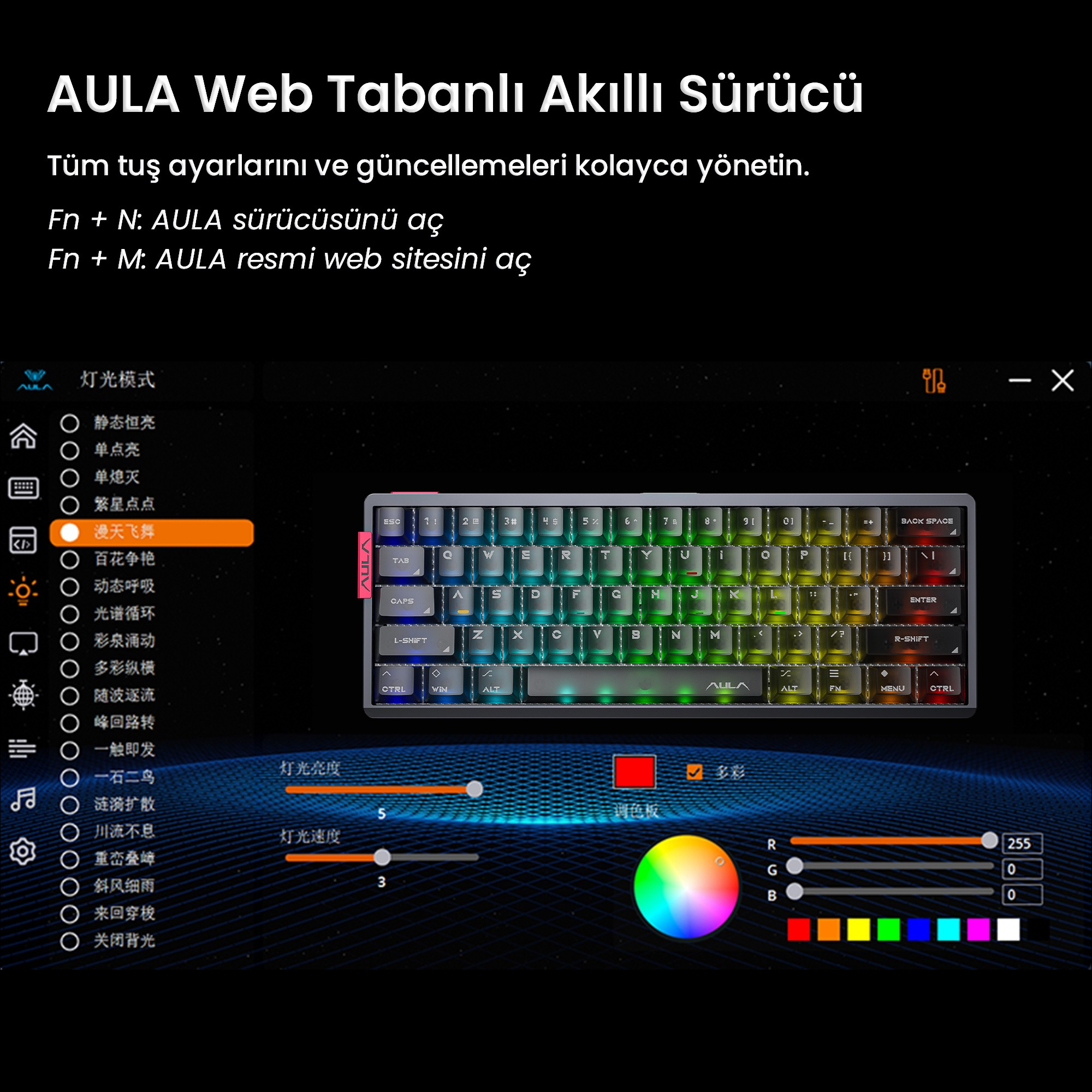 RGB aydınlatma kontrolü ve özelleştirme seçeneklerini gösteren AULA klavye yazılımı ekran görüntüsü.