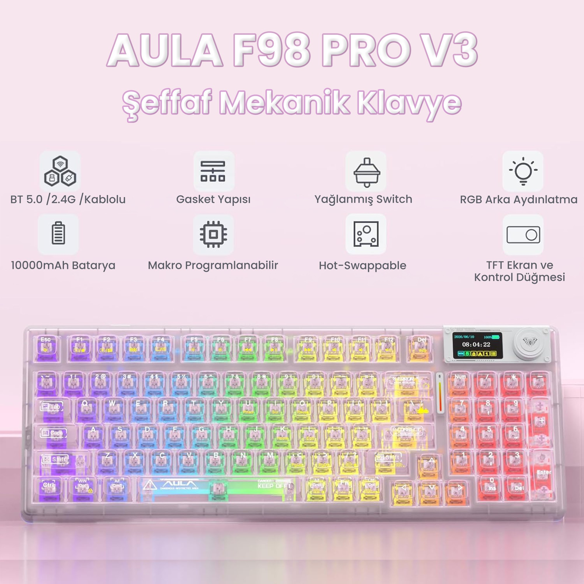Özellik simgelerine sahip şeffaf Aula F98 Pro V3 mekanik klavye için pembe tanıtım görseli.