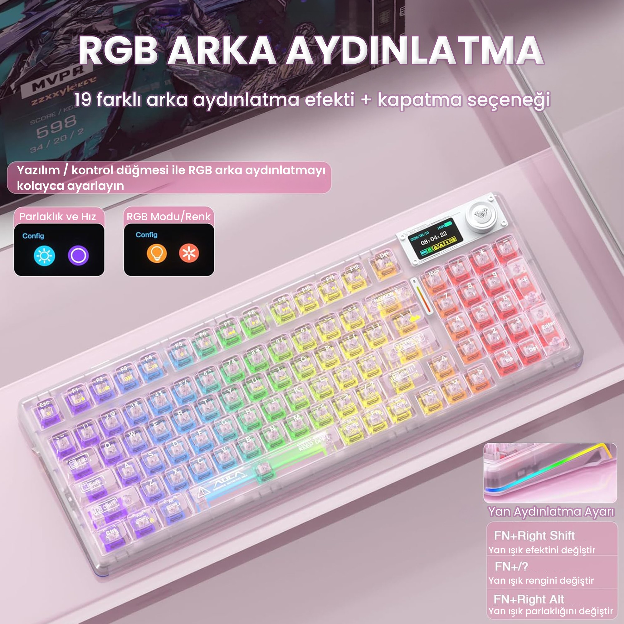 Renkli RGB arka aydınlatmalı, küçük ekranlı ve Türkçe yazılı şeffaf mekanik klavye.