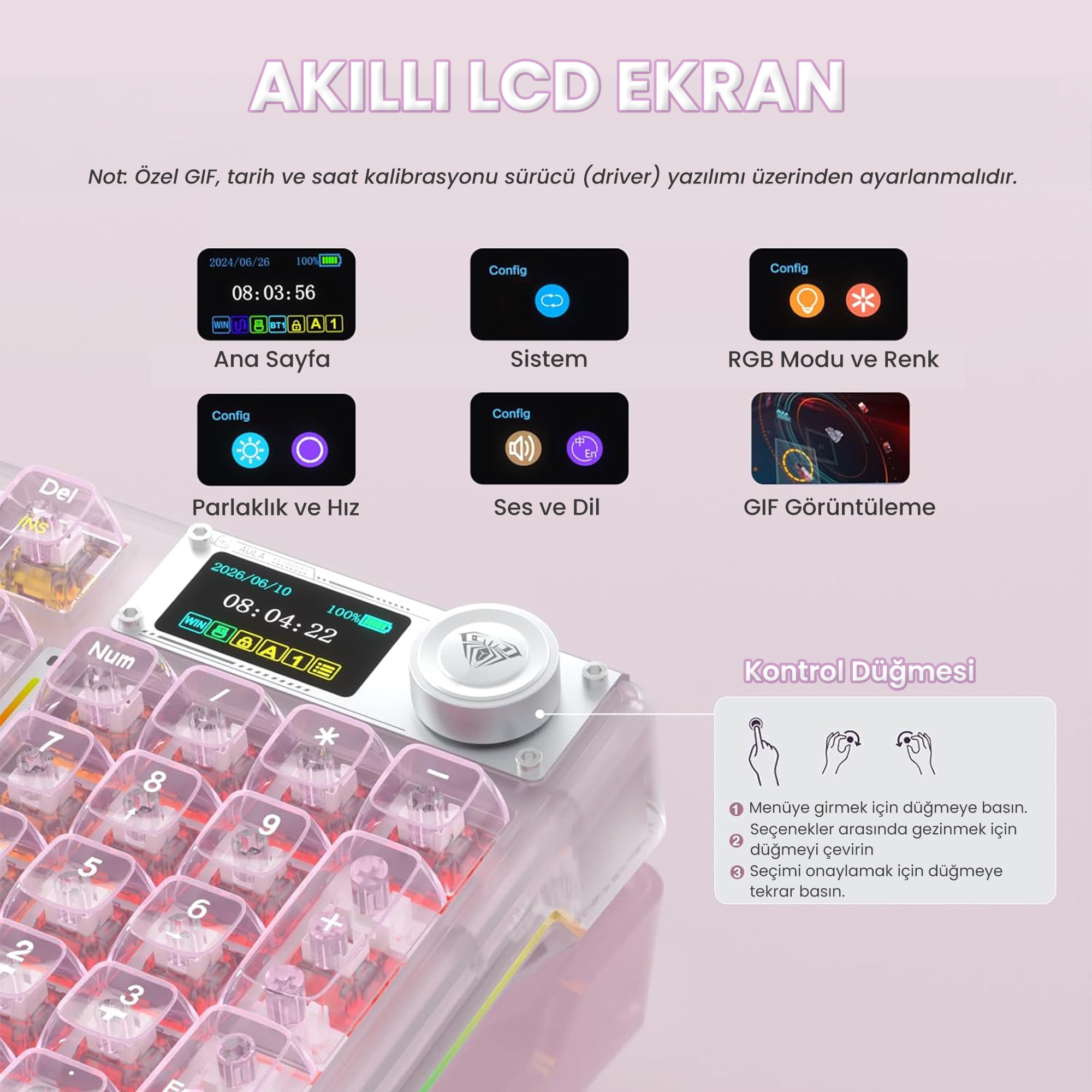 LCD ekranlı, kontrol düğmeli ve Türkçe menü seçeneklerini gösteren şeffaf klavye.