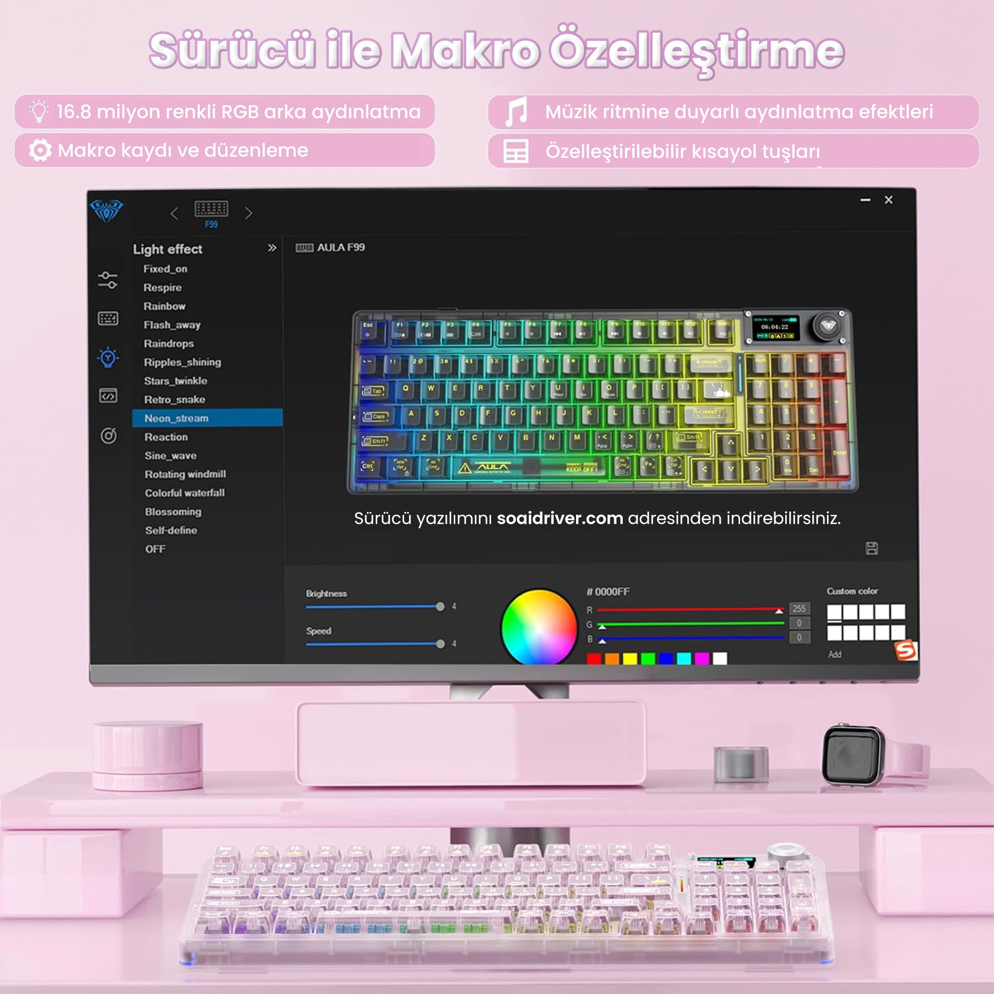 Bir monitör, pembe bir klavye için makro özelleştirme ve RGB aydınlatma yazılımını gösterir.